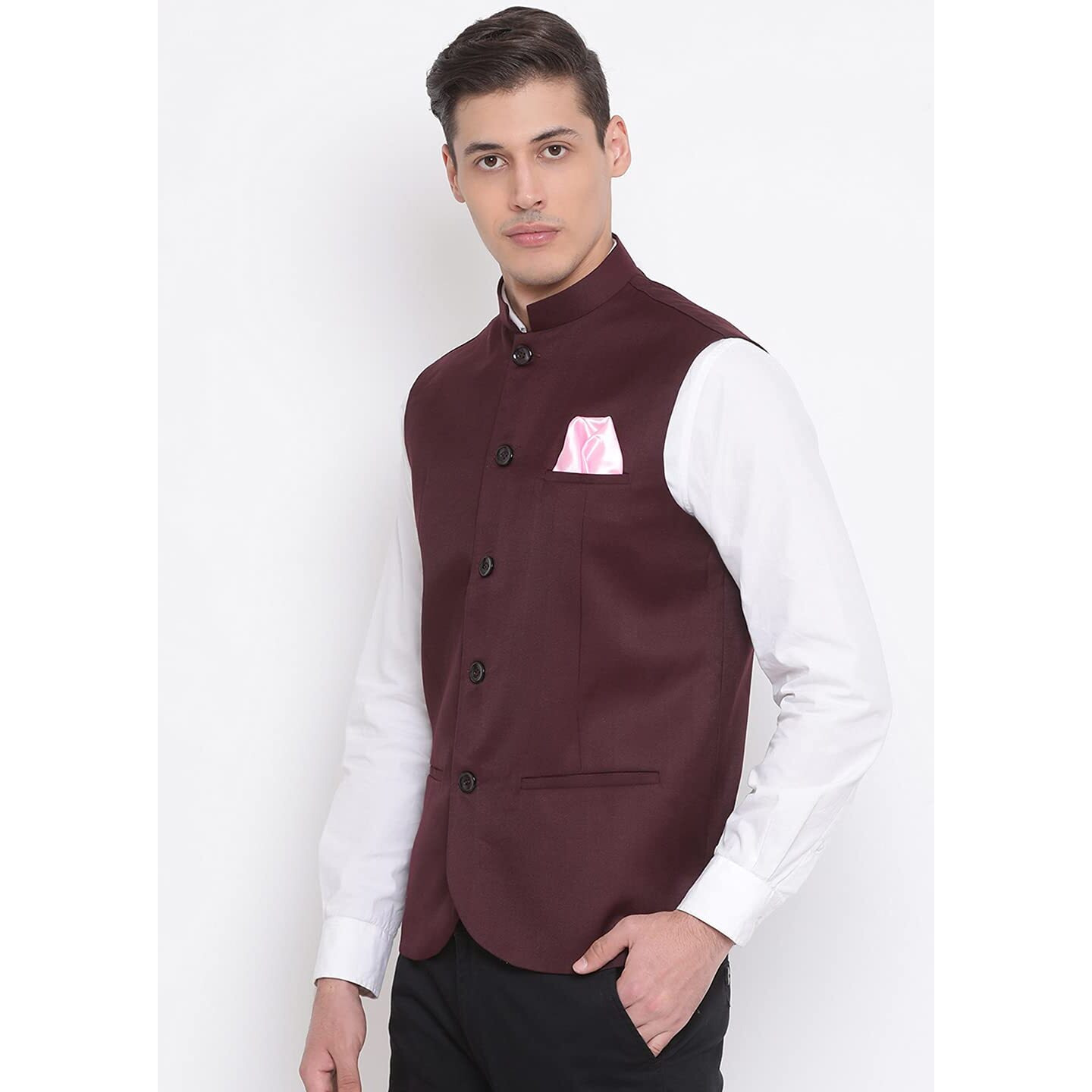 VASTRAMAY Men's Maroon Cotton Silk Nehru Jacket  Festive & Wedding Wear with Mandarin Collar, Perfect For Ethnic & Festive Occasions & Celebrations