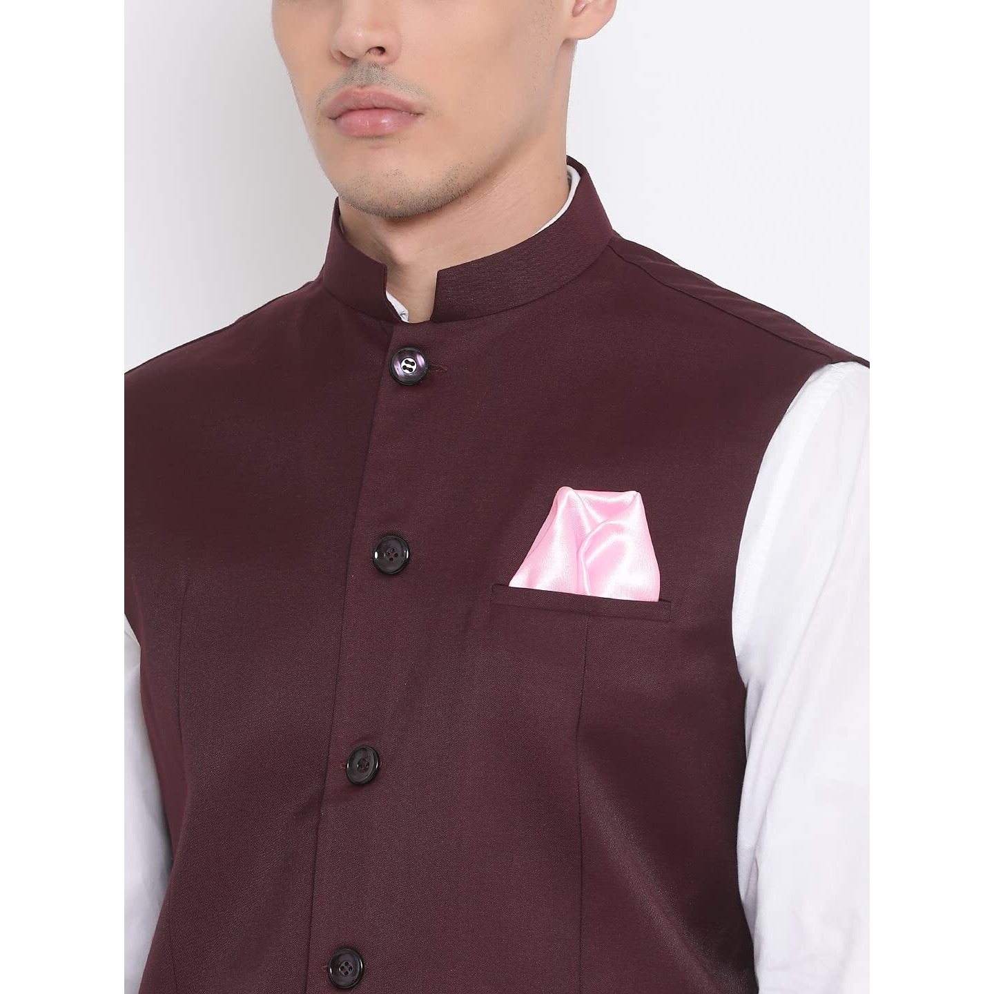 VASTRAMAY Men's Maroon Cotton Silk Nehru Jacket  Festive & Wedding Wear with Mandarin Collar, Perfect For Ethnic & Festive Occasions & Celebrations