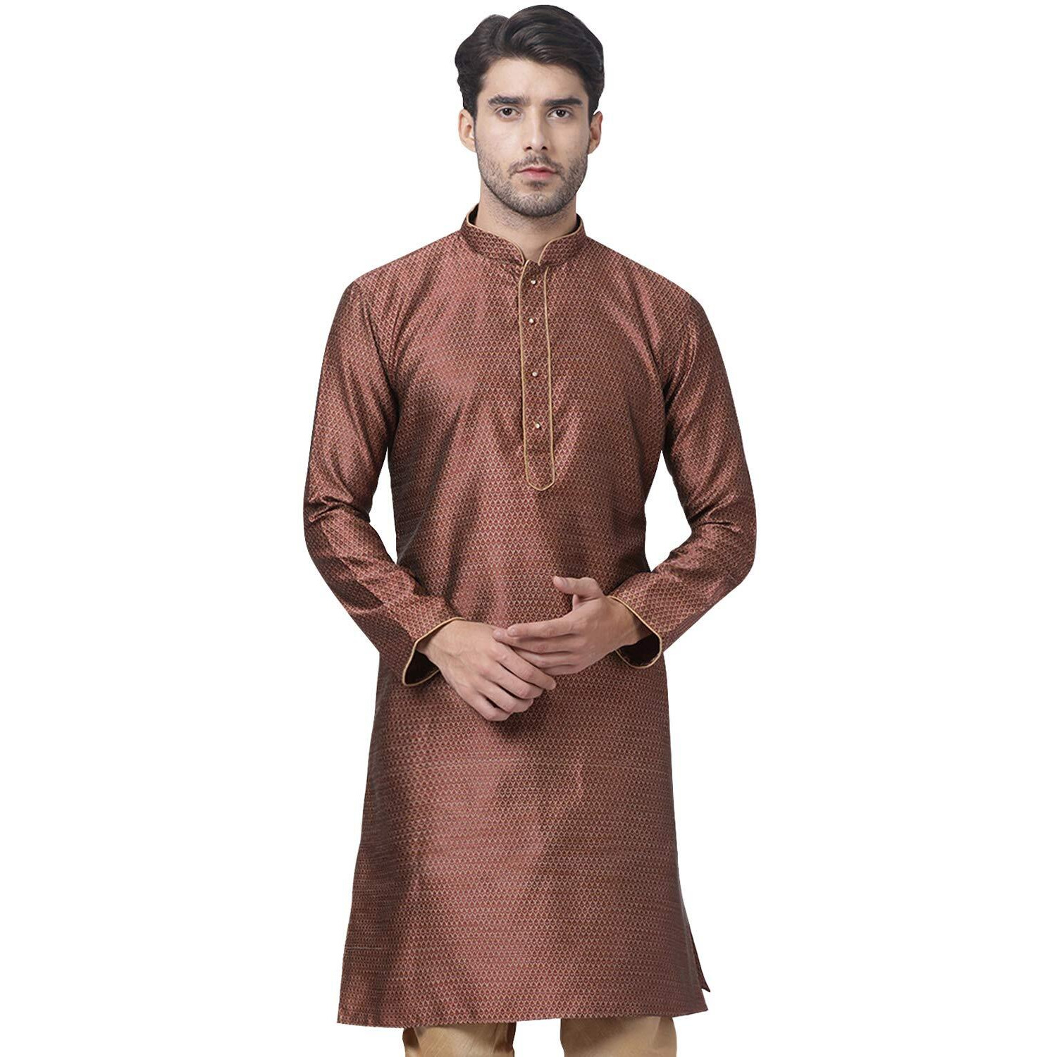 VASTRAMAY VM Mens Silk Blend Maroon Kurta - Timeless Elegance for Festivals & Events | Banarasi Cotton with Silk Dobby Jacquard Mandarin Collar Full Sleeves Kurta with a Contrast Piping_VASMK047MA_38