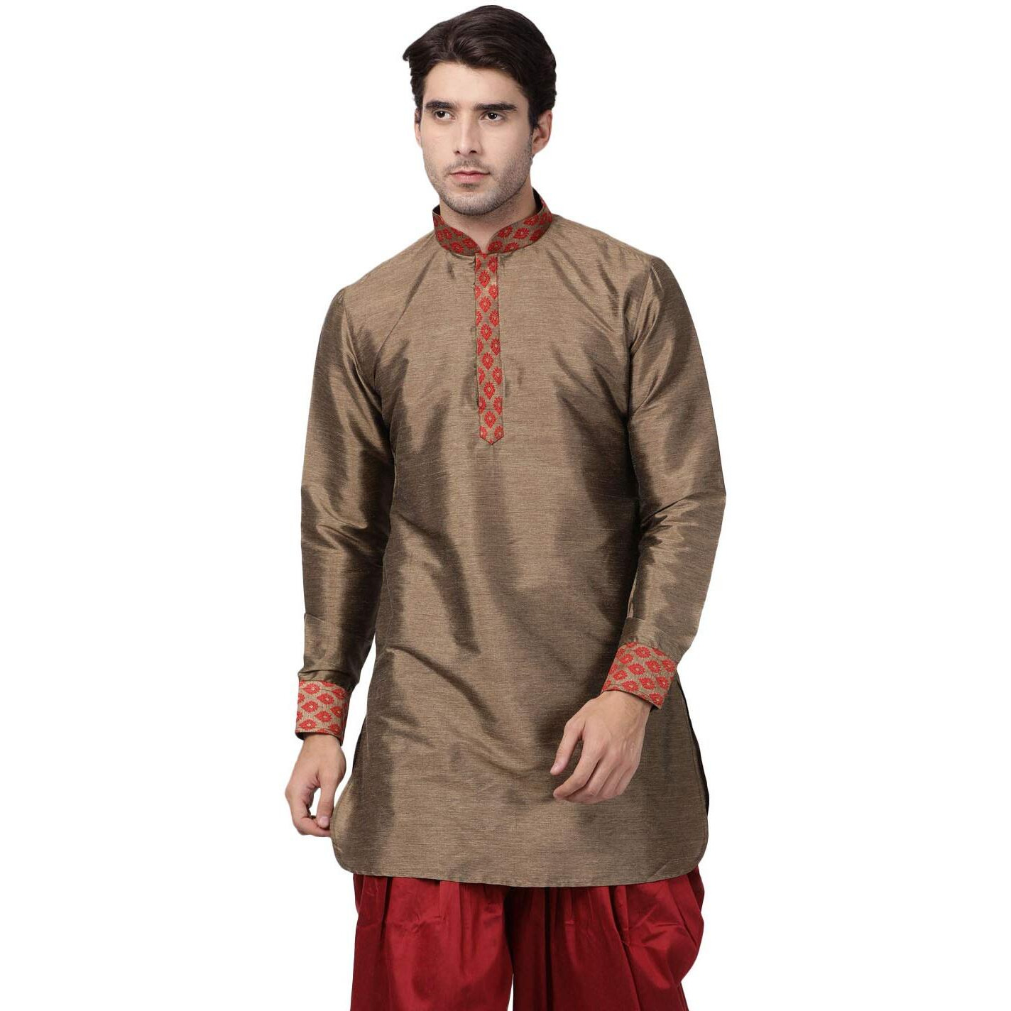 VASTRAMAY Men's Maroon Cotton Silk Blend Kurta_VASMUK006MA_46