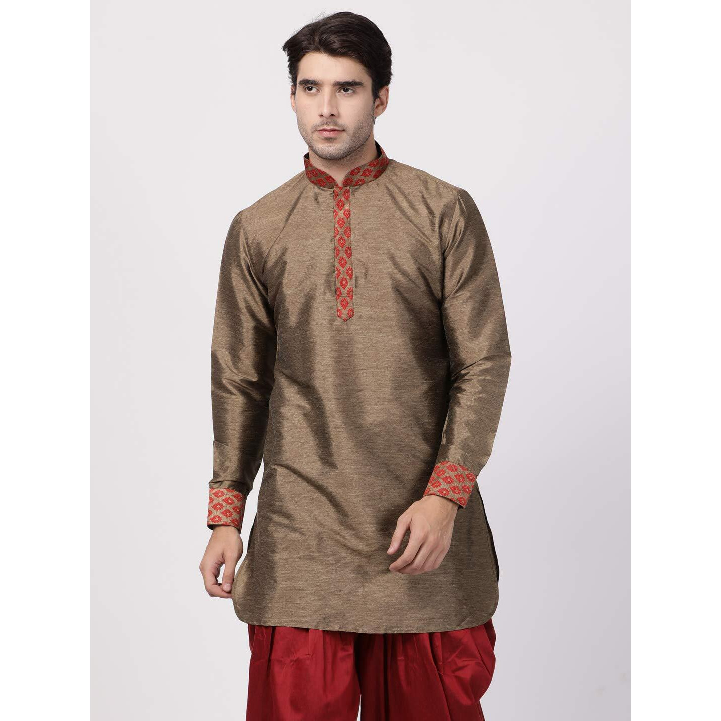 VASTRAMAY Men's Maroon Cotton Silk Blend Kurta_VASMUK006MA_46