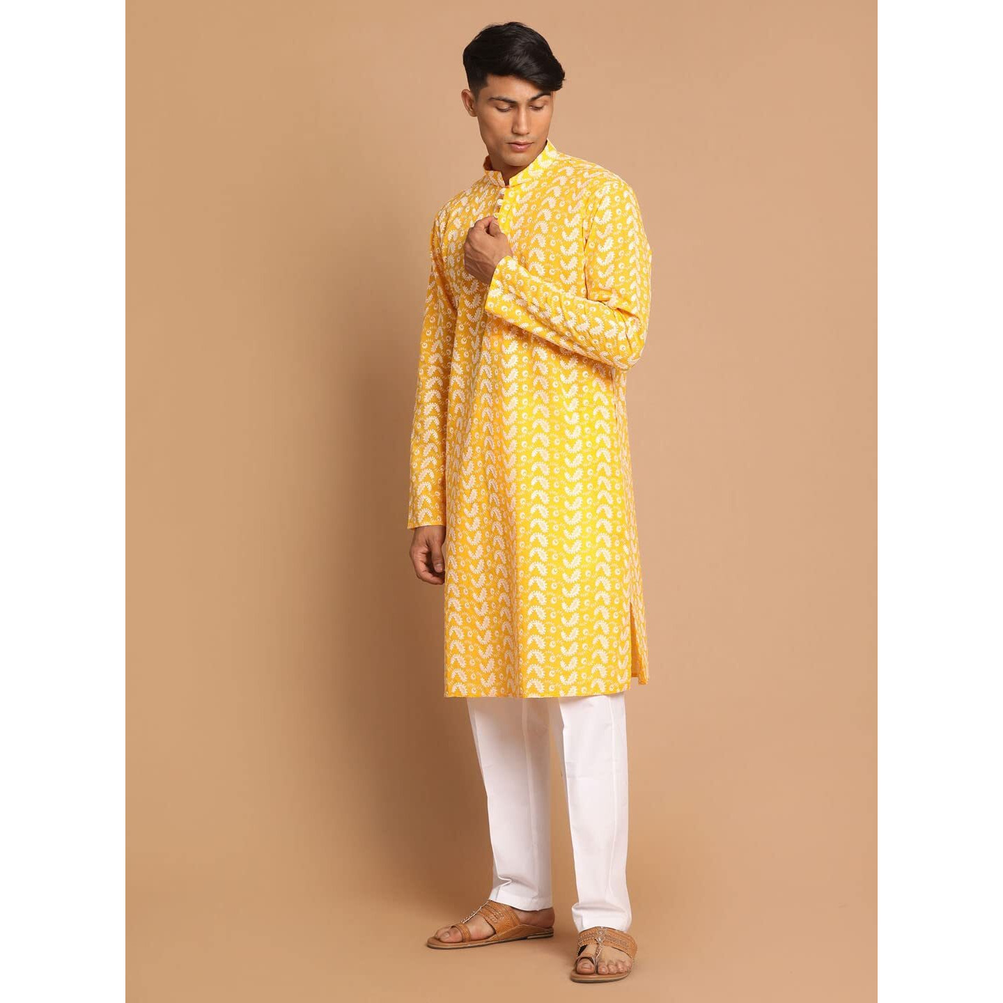 VASTRAMAY Men's Orange and White Pure Cotton Kurta Pyjama Set-VASMK094ORnPANT003WH_40