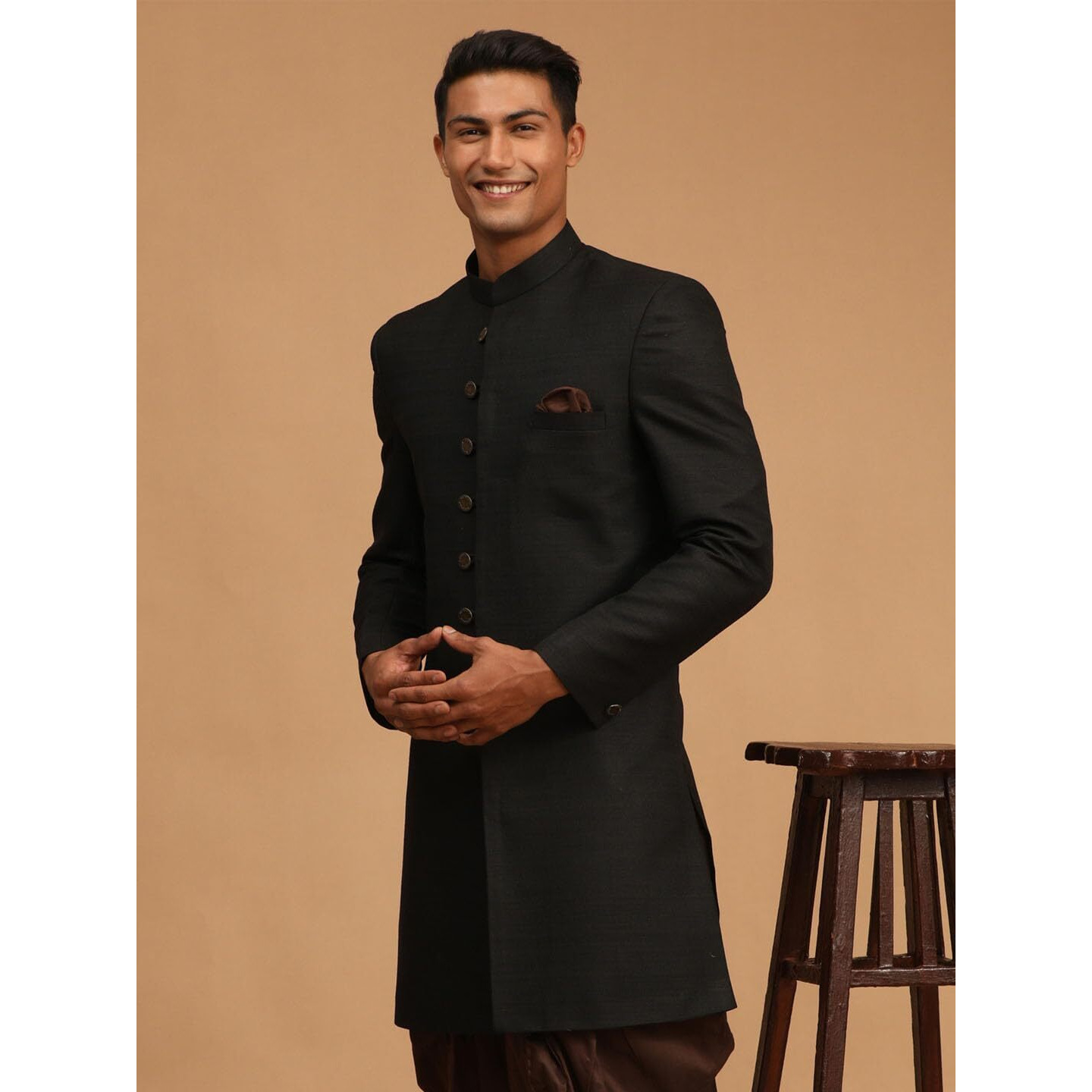 VASTRAMAY Men's Black Silk Blend Sherwani Only Top