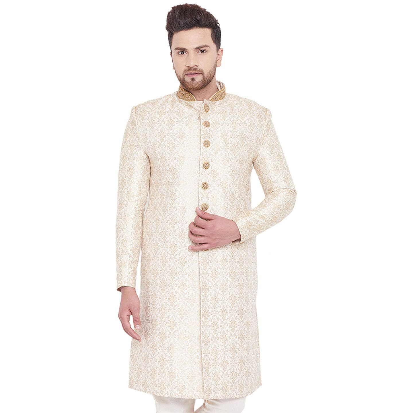 VASTRAMAY Men's Beige And Gold Silk Blend Sherwani Only Top_VASMSW127BG_42