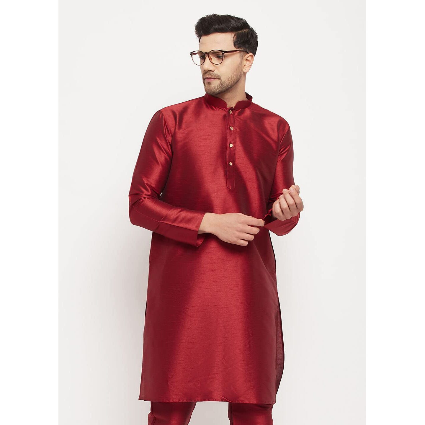 VASTRAMAY Men's Cotton Silk Blend Kurta-New Maroon