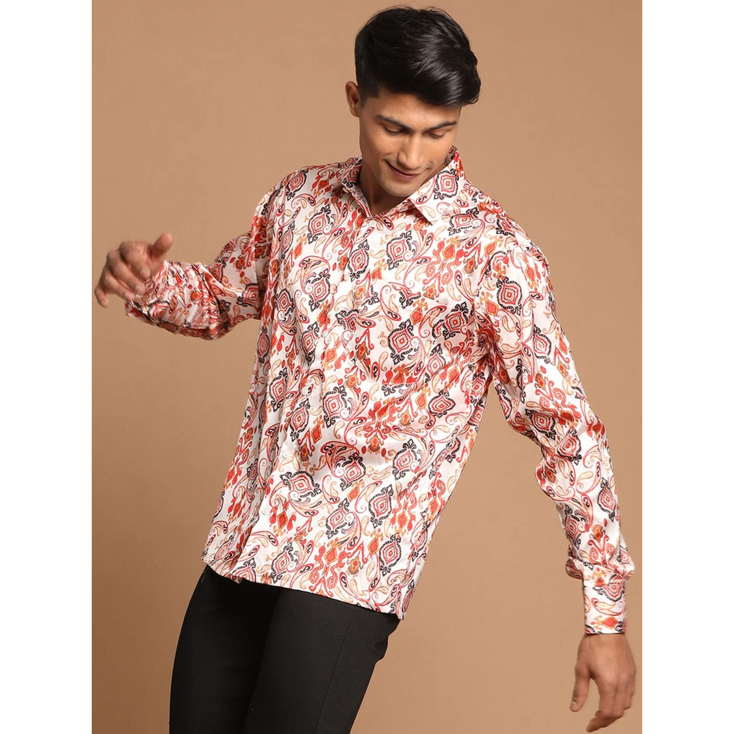 VASTRAMAY Men's Multicolored-Base-Cream Satin Ethnic Shirt_VASMSH016CR_38