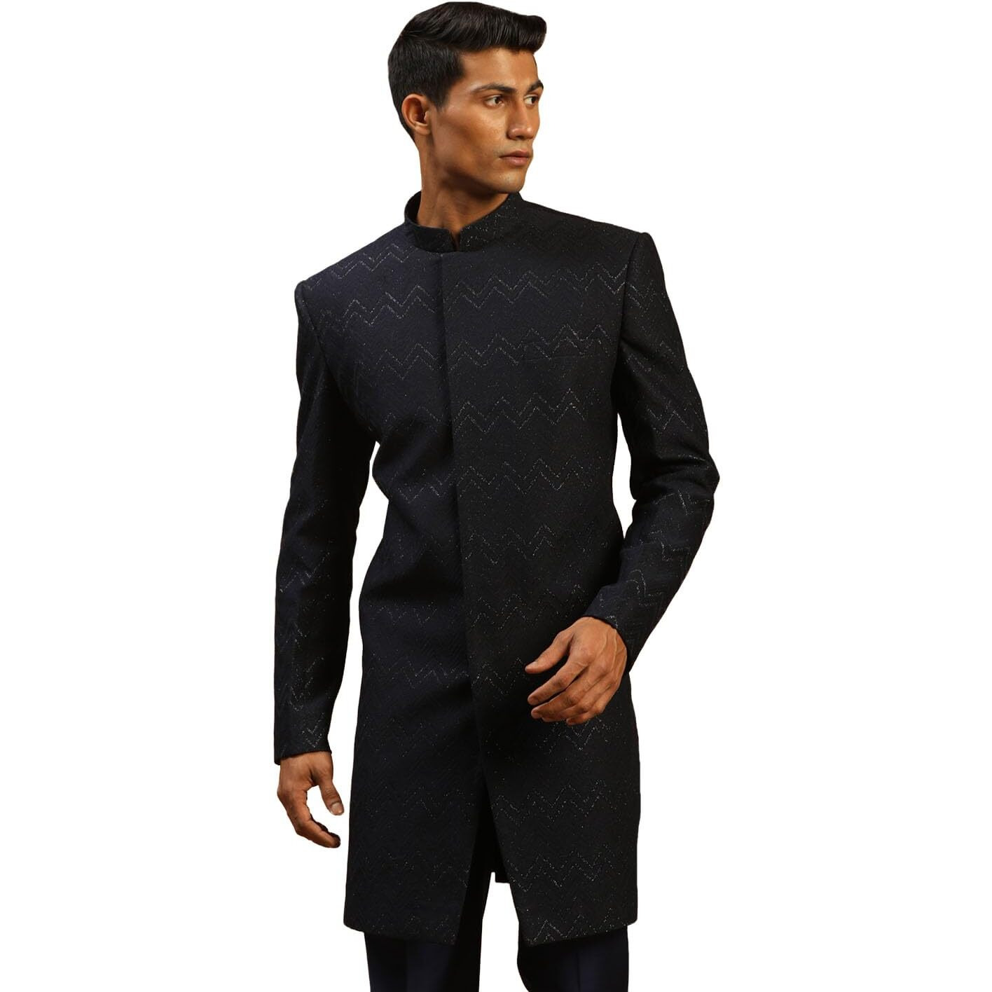 VASTRAMAY Men's Navy Blue Silk Blend Sherwani Only Top | Imported Fabric Designer Indowestern Top
