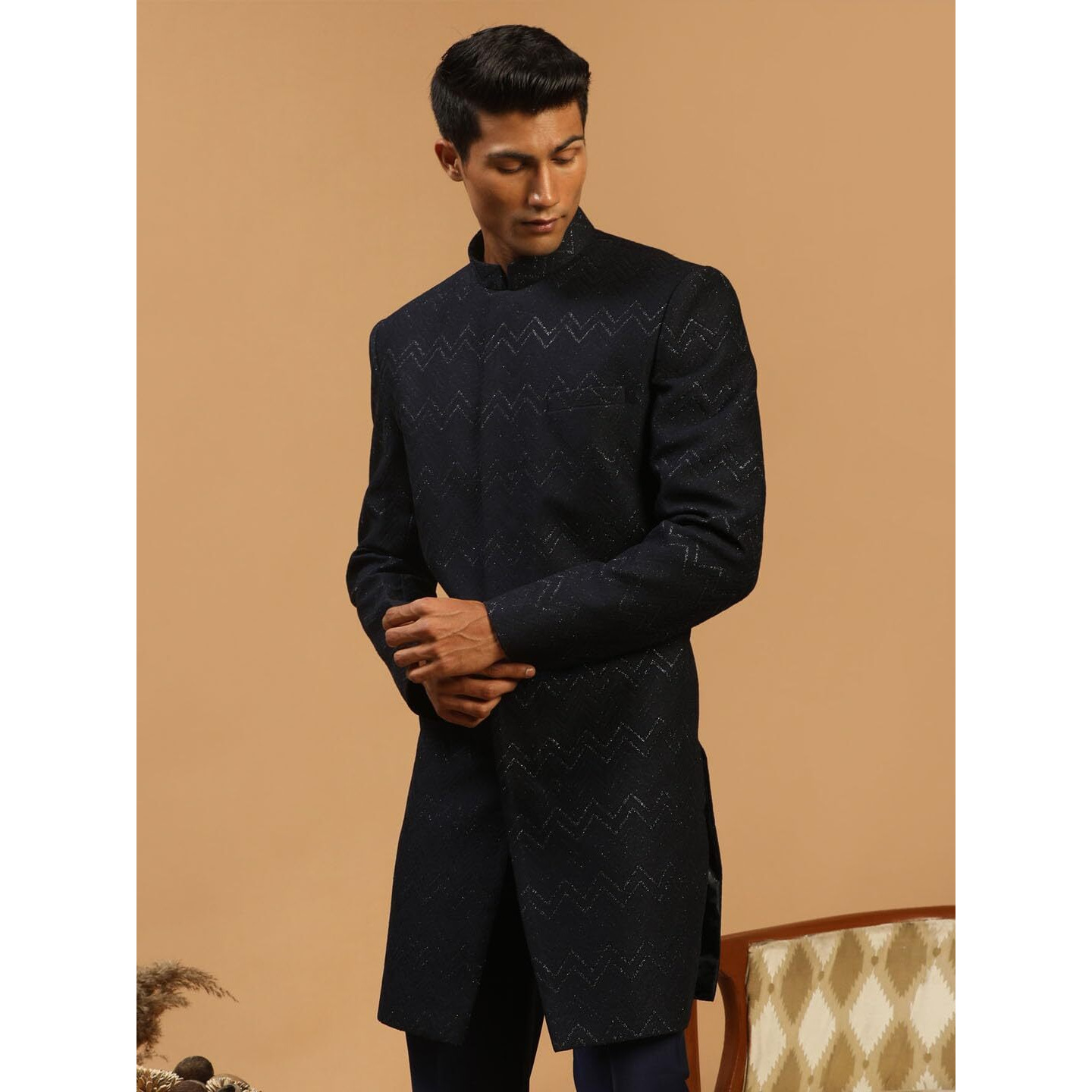 VASTRAMAY Men's Navy Blue Silk Blend Sherwani Only Top | Imported Fabric Designer Indowestern Top