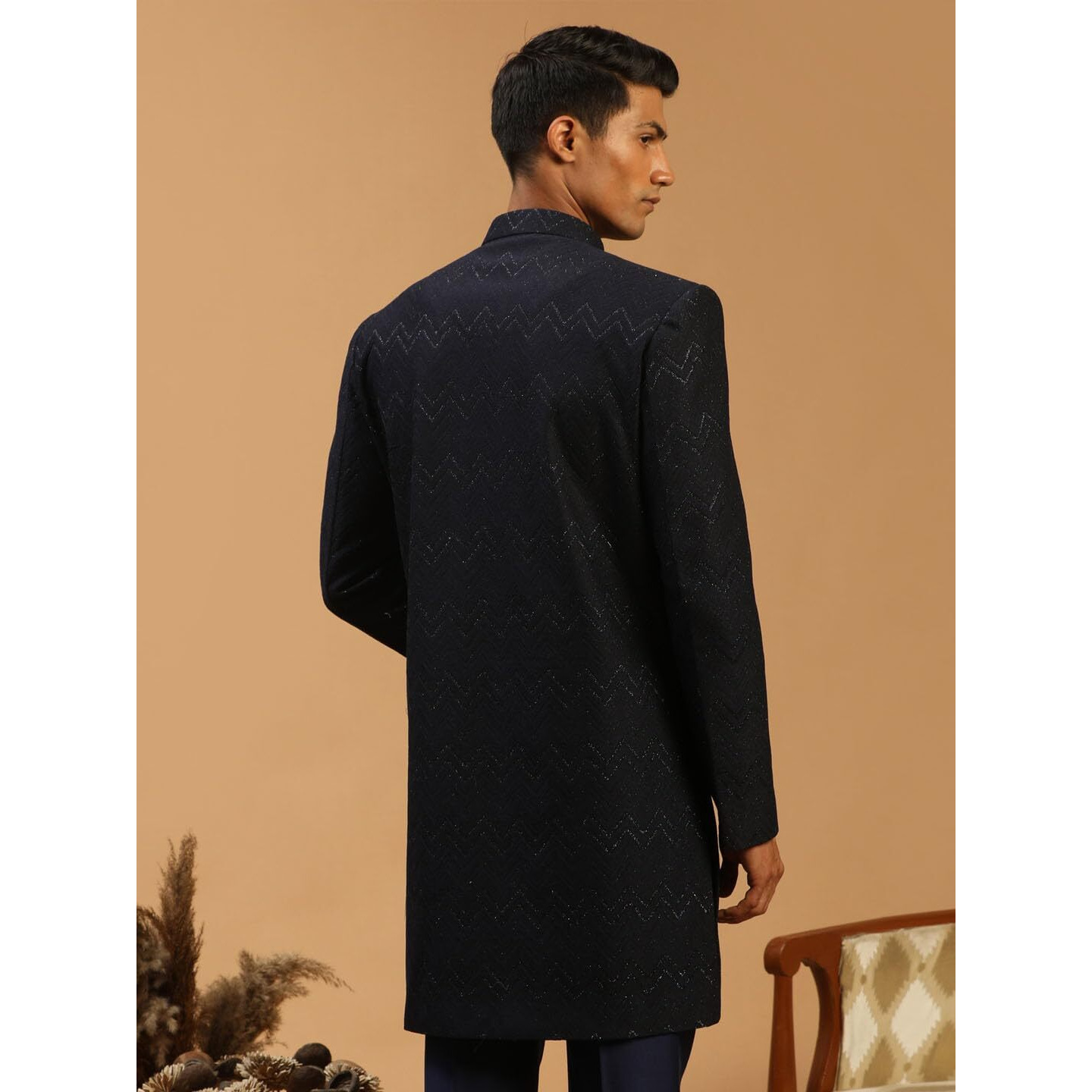 VASTRAMAY Men's Navy Blue Silk Blend Sherwani Only Top | Imported Fabric Designer Indowestern Top