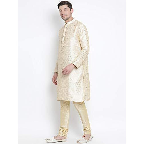 VASTRAMAY Mens Gold Mulberry Fabric Kurta Pyjama Set  Lightweight Festive & Wedding Wear  Subtle Bling with Zari Detailing