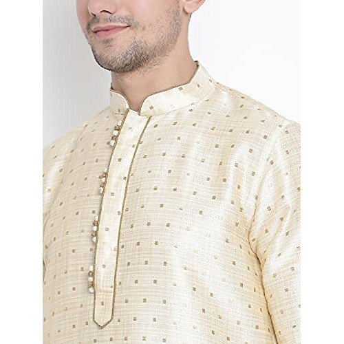 VASTRAMAY Mens Gold Mulberry Fabric Kurta Pyjama Set  Lightweight Festive & Wedding Wear  Subtle Bling with Zari Detailing