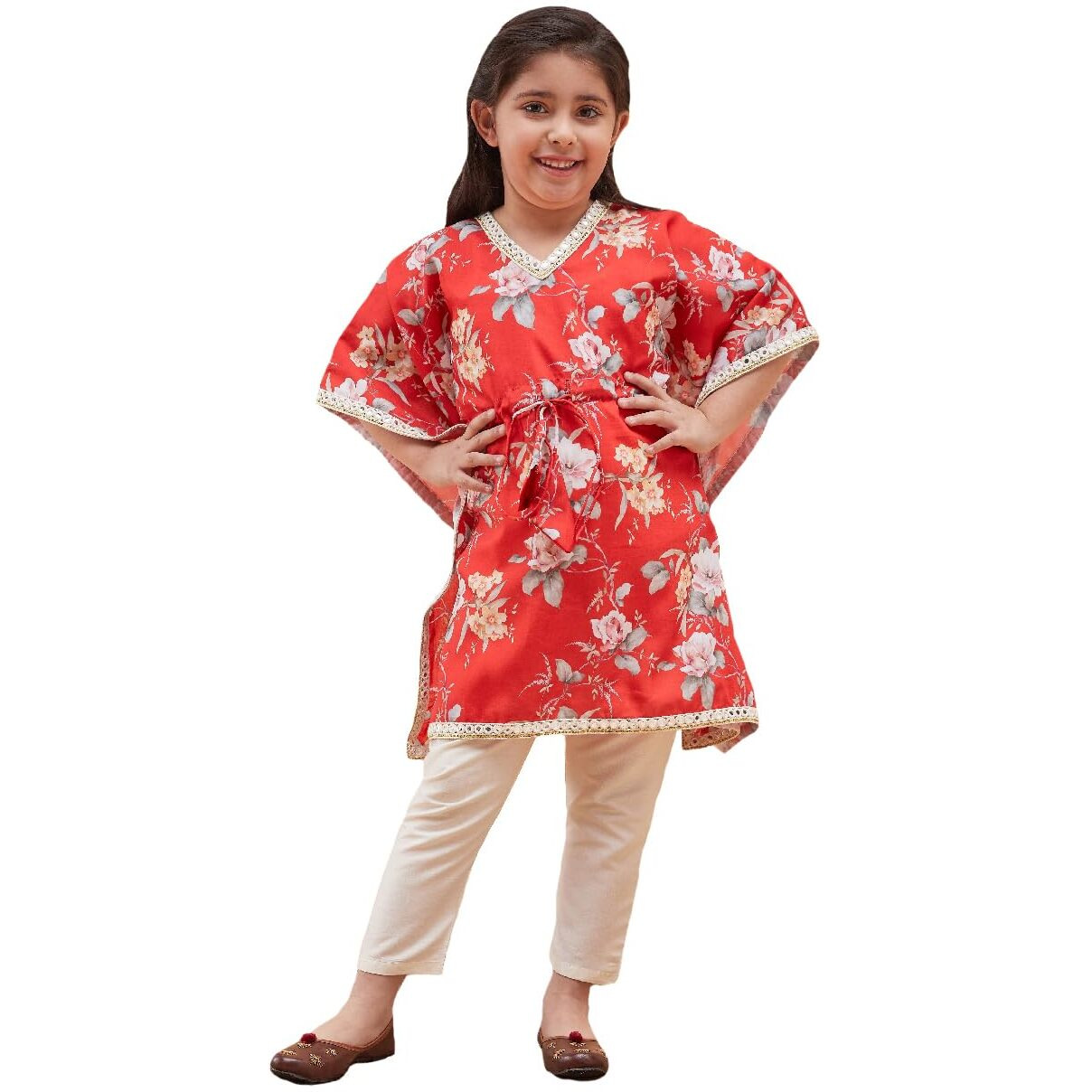 VASTRAMAY Girls' Red And Cream Kaftan And Pant Set_VASGK005RDnGP02CR_20