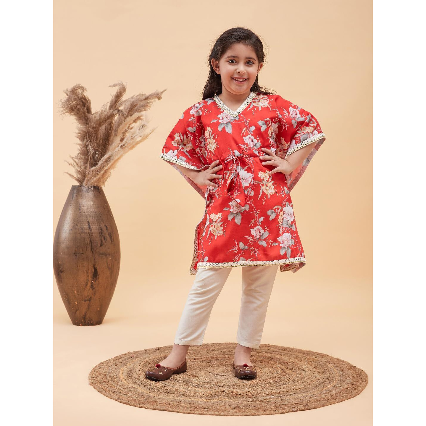 VASTRAMAY Girls' Red And Cream Kaftan And Pant Set_VASGK005RDnGP02CR_20