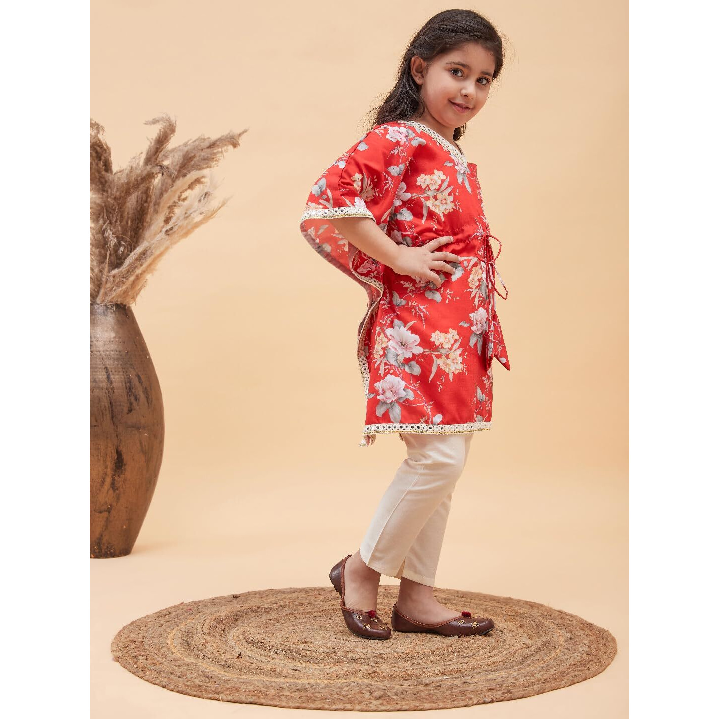 VASTRAMAY Girls' Red And Cream Kaftan And Pant Set_VASGK005RDnGP02CR_20