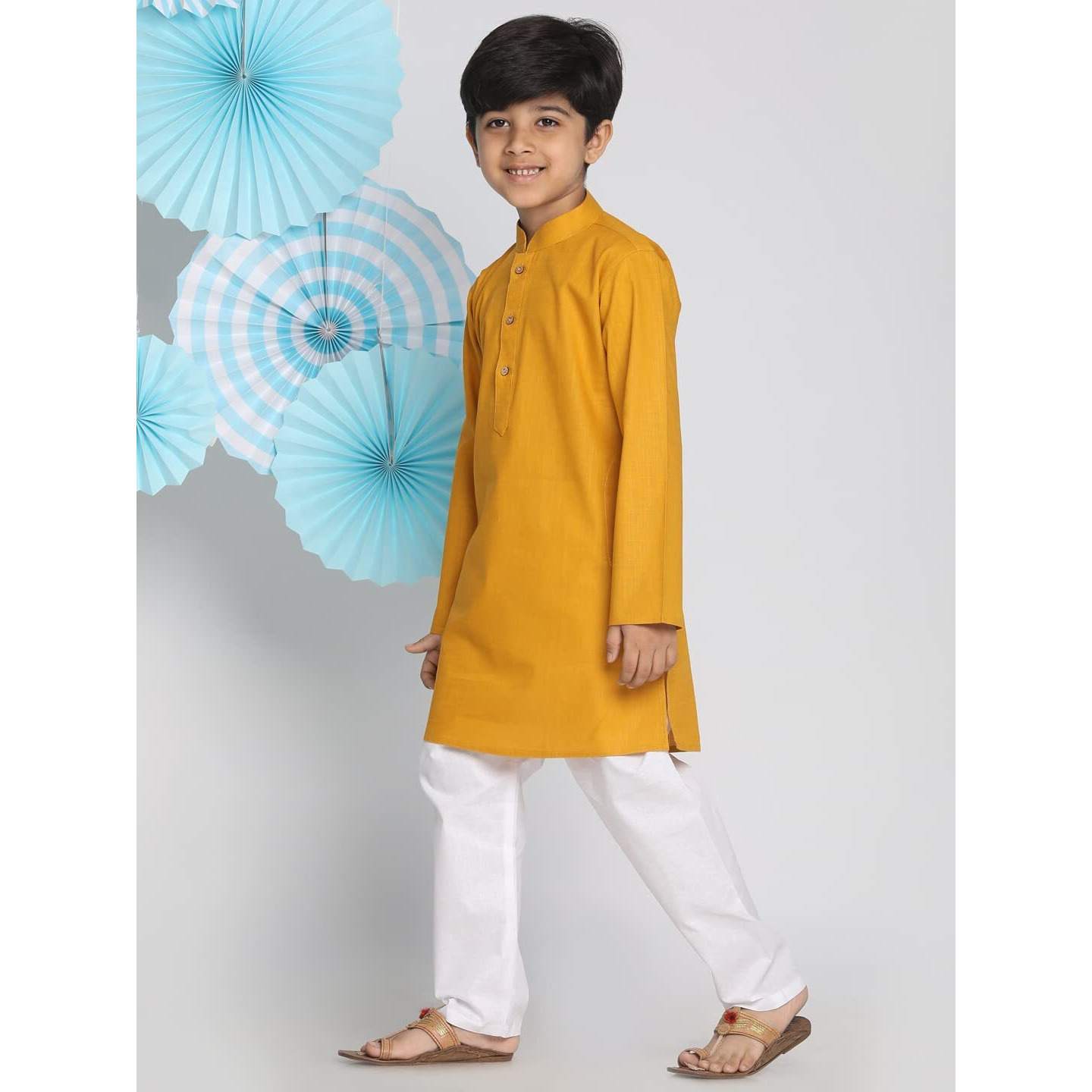 VASTRAMAY Boys' Cotton Solid Color Kurta with Full Sleeves, Mandarin Collar & Wooden Buttons  White Elasticated Waist Pyjama Set for Ethnic and Festive Occasions