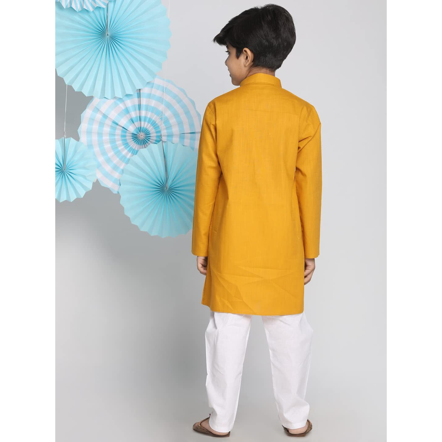 VASTRAMAY Boys' Cotton Solid Color Kurta with Full Sleeves, Mandarin Collar & Wooden Buttons  White Elasticated Waist Pyjama Set for Ethnic and Festive Occasions