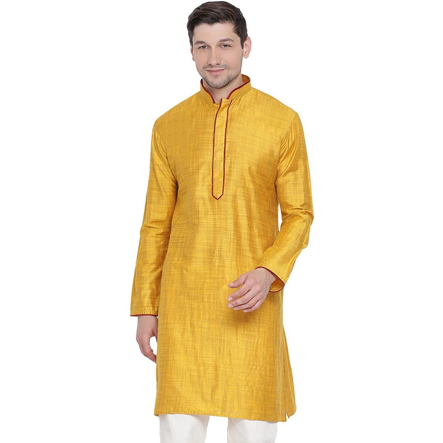 Vastramay Men's Tangerine Yellow Cotton Silk Blend Kurta - (VASMK024YW) for Size - 36
