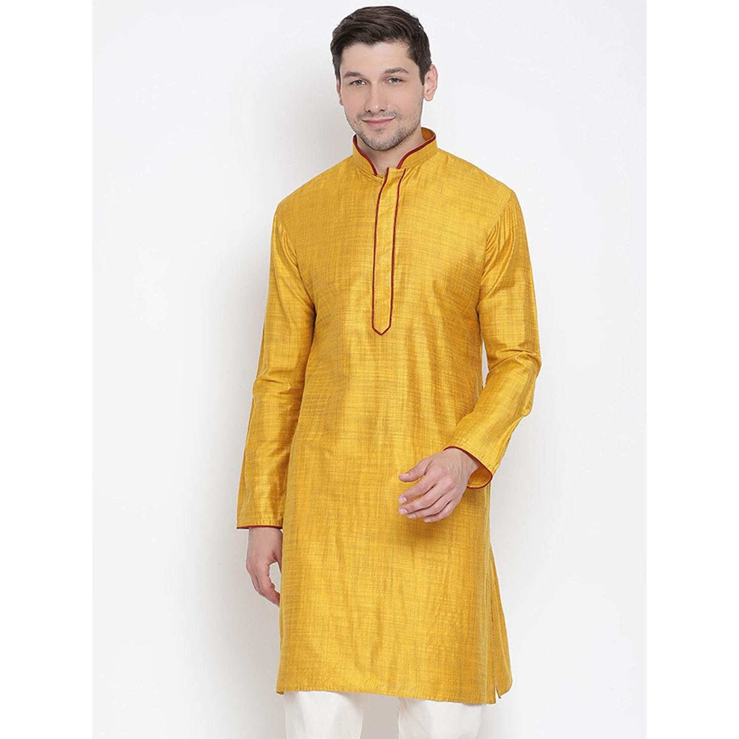 Vastramay Men's Tangerine Yellow Cotton Silk Blend Kurta - (VASMK024YW) for Size - 36