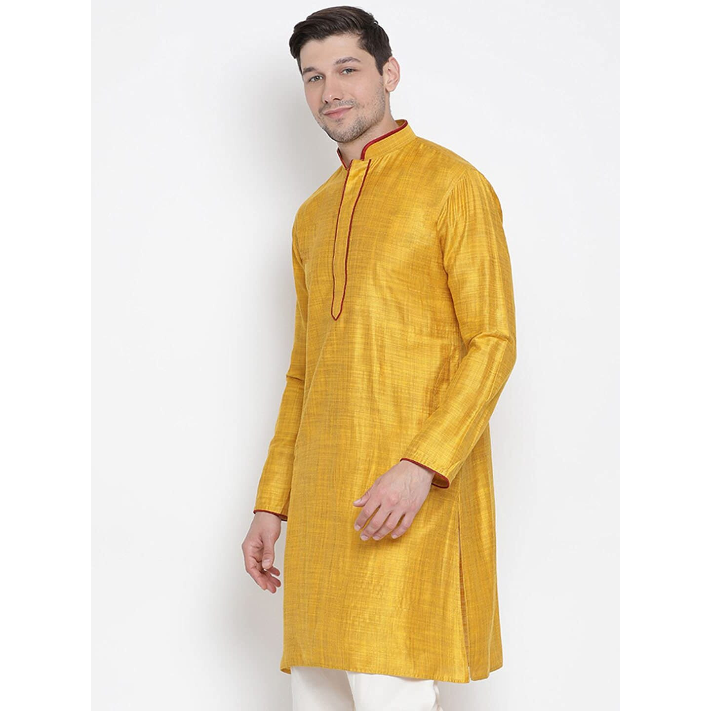 Vastramay Men's Tangerine Yellow Cotton Silk Blend Kurta - (VASMK024YW) for Size - 36