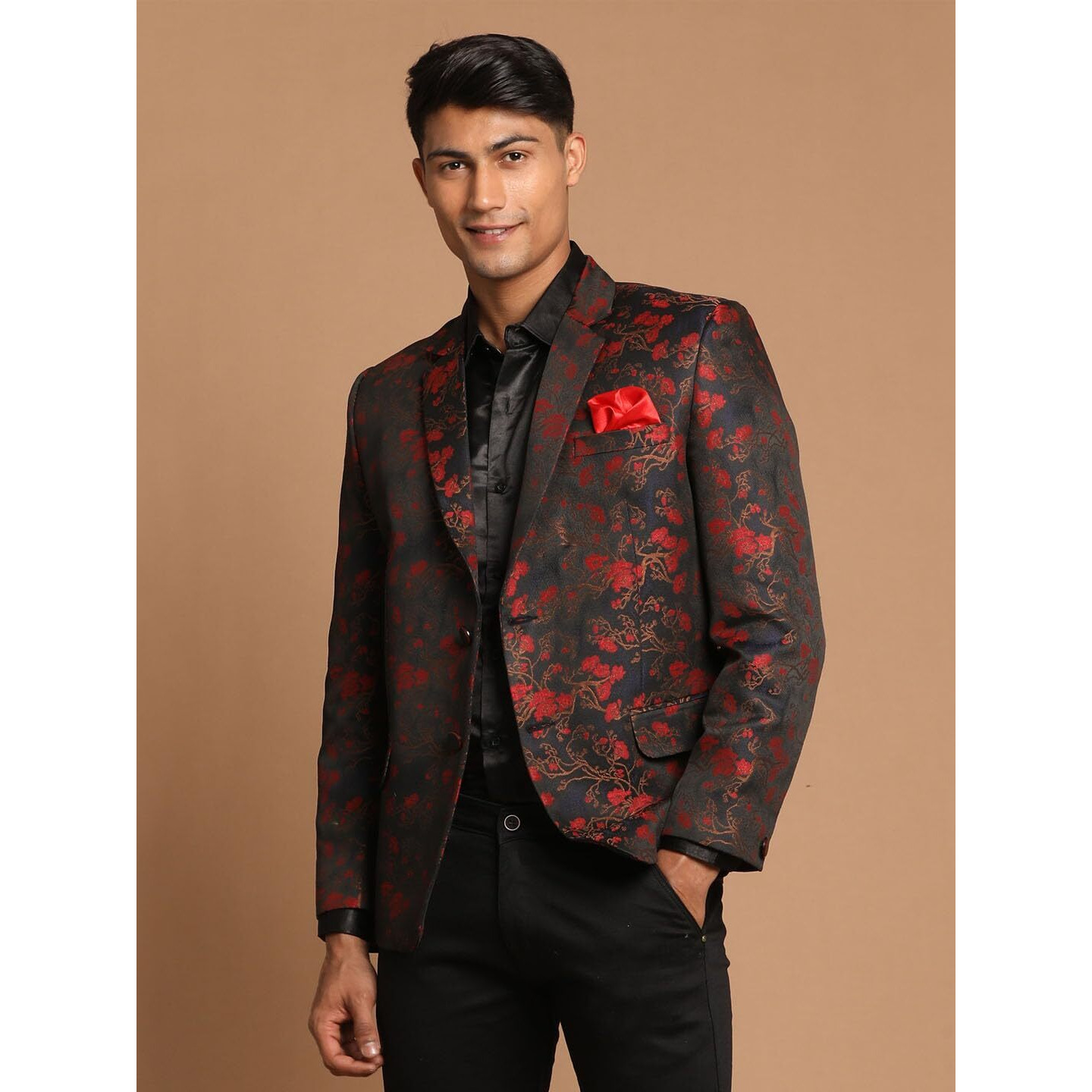 VASTRAMAY Self Woven Floral Silk Blend Blazer for Men  Versatile Ethnic Wear for Weddings & Special Occasions