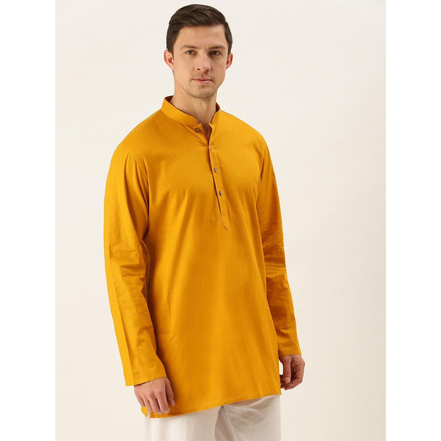 VASTRAMAY Men's Mustard Cotton Linen Short Kurta-VASMMK006MD_42