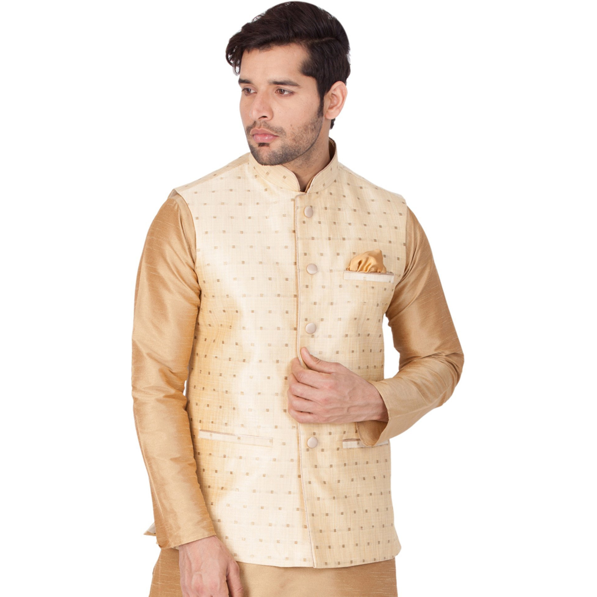 VASTRAMAY VM Mens Silk Blend Gold Nehru Jacket - Timeless Style & Versatility | Jacquard Woven checkered Zari threads Ethnic Sleeveless Coat for Formal & Casual Wear_VASMJ009GO_44