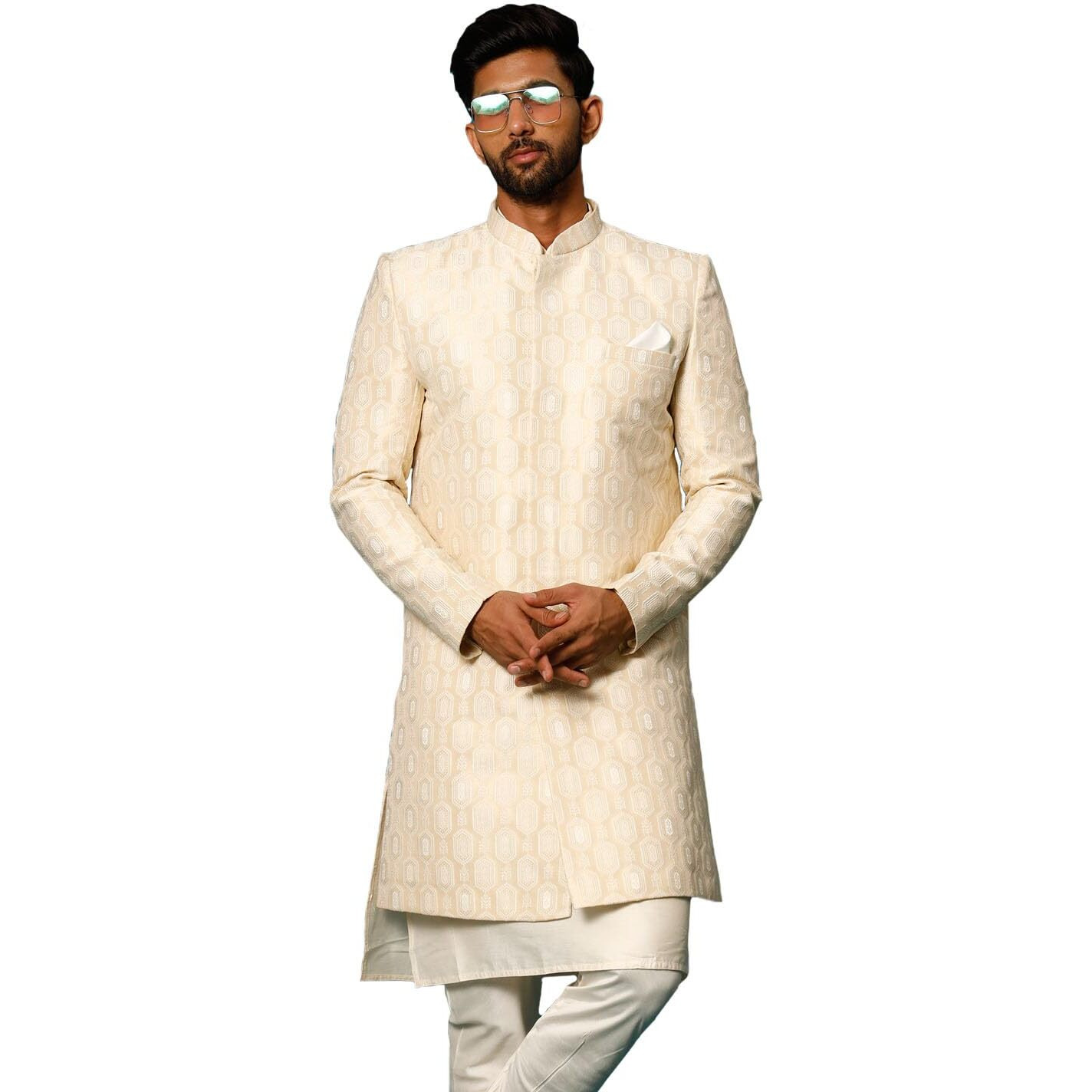 VASTRAMAY Men's Beige Silk Blend Sherwani Only Top_VASMIW252BG_42