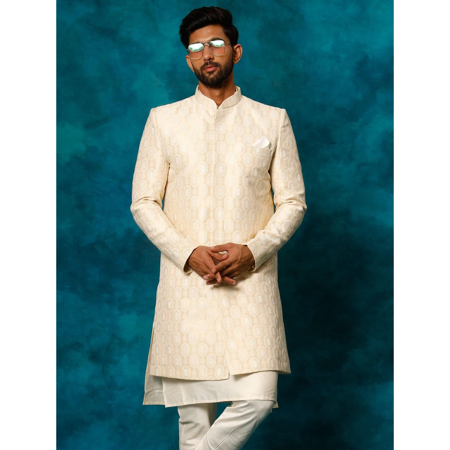 VASTRAMAY Men's Beige Silk Blend Sherwani Only Top_VASMIW252BG_42
