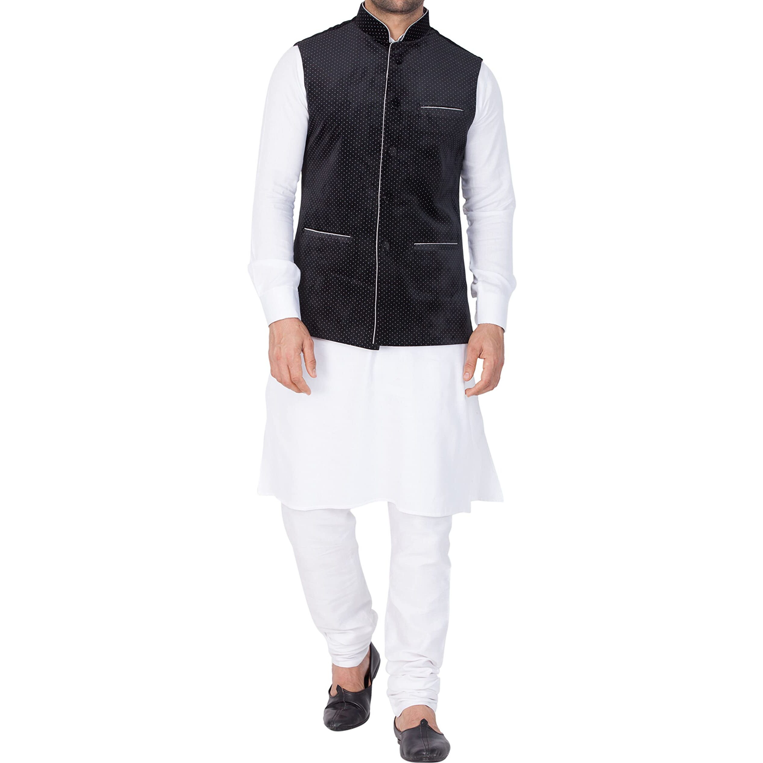 VASTRAMAY Men Cotton Kurta Modi Jacket and Pyjama Set (White_VASMKPWH014nMJT014BL_36)