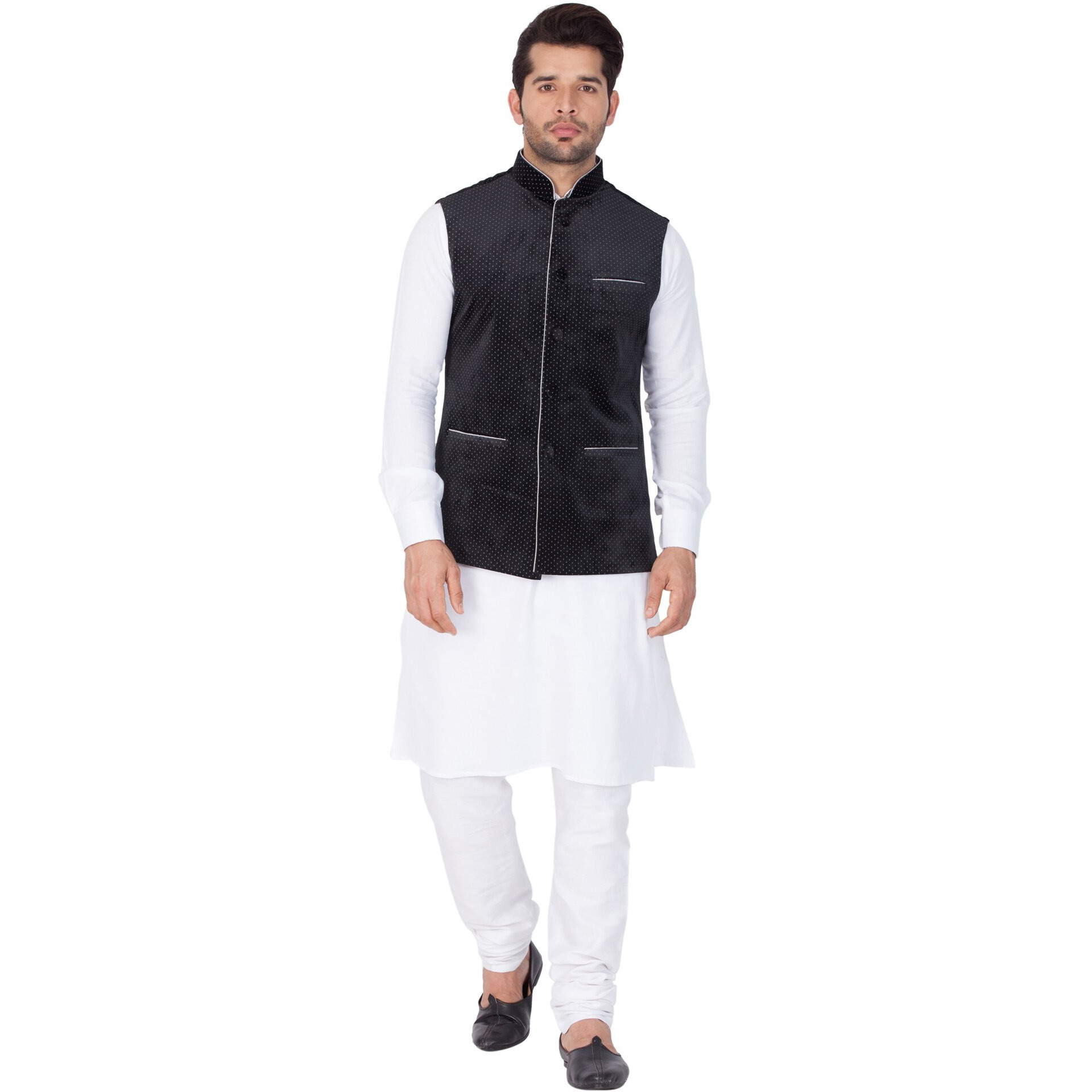 VASTRAMAY Men Cotton Kurta Modi Jacket and Pyjama Set (White_VASMKPWH014nMJT014BL_36)