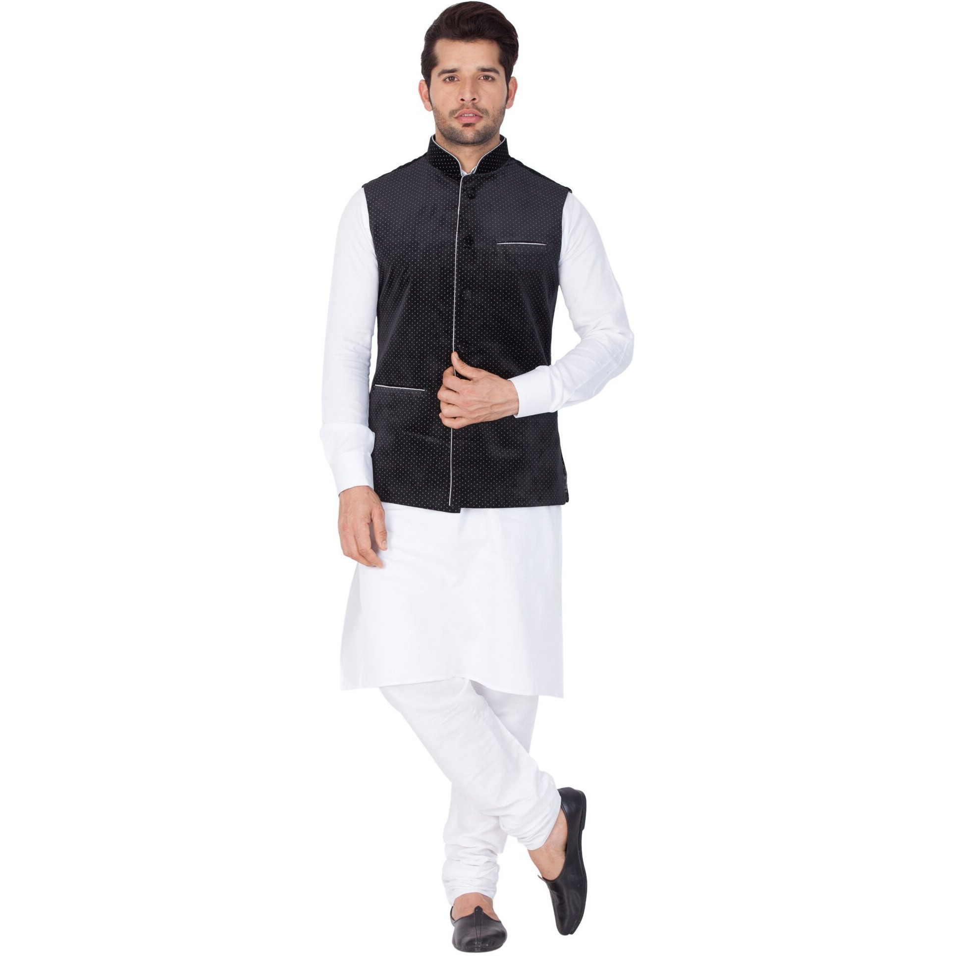 VASTRAMAY Men Cotton Kurta Modi Jacket and Pyjama Set (White_VASMKPWH014nMJT014BL_36)