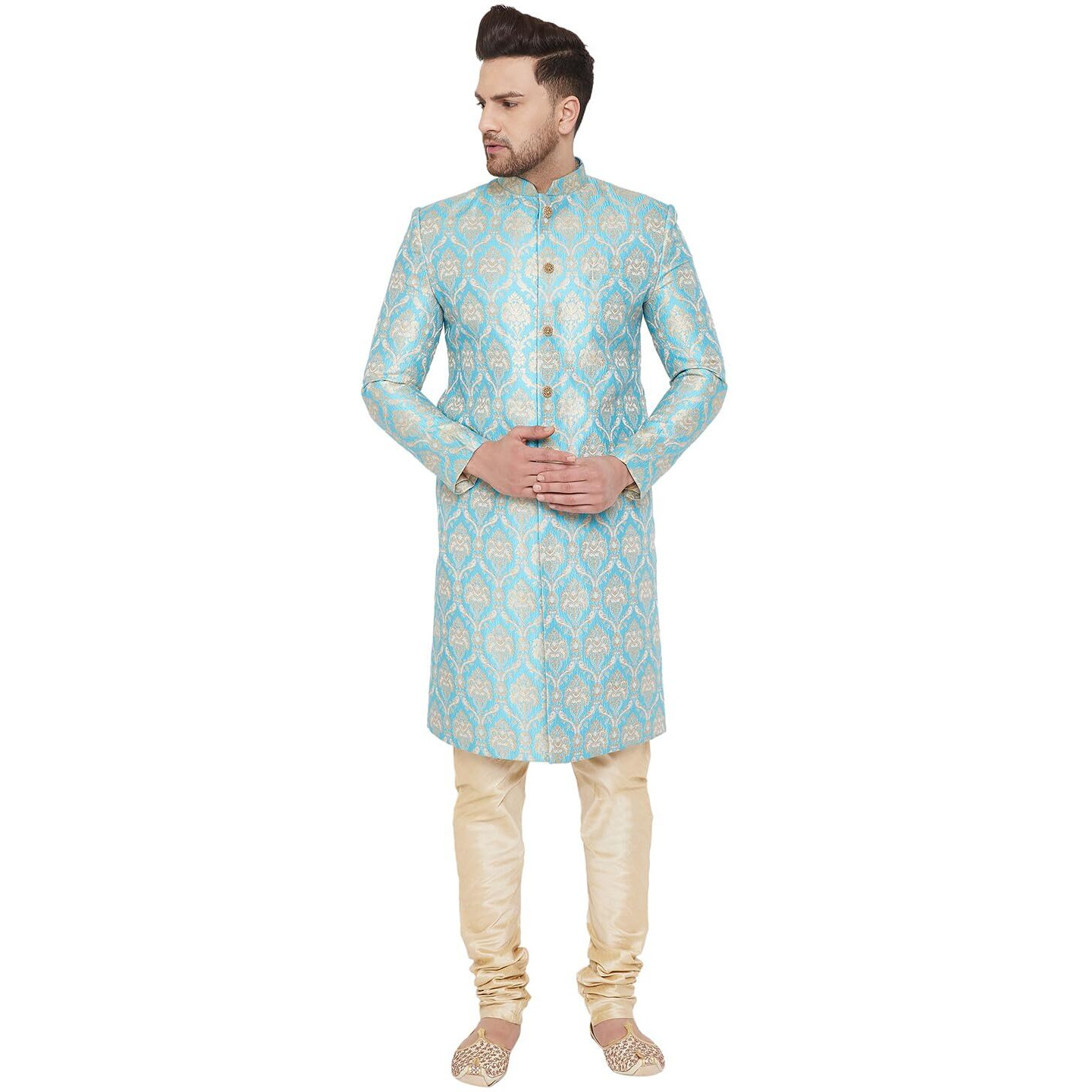 VASTRAMAY Men's Aqua And Gold Silk Blend Sherwani Set - Brocade Sherwani And Pyjama Set