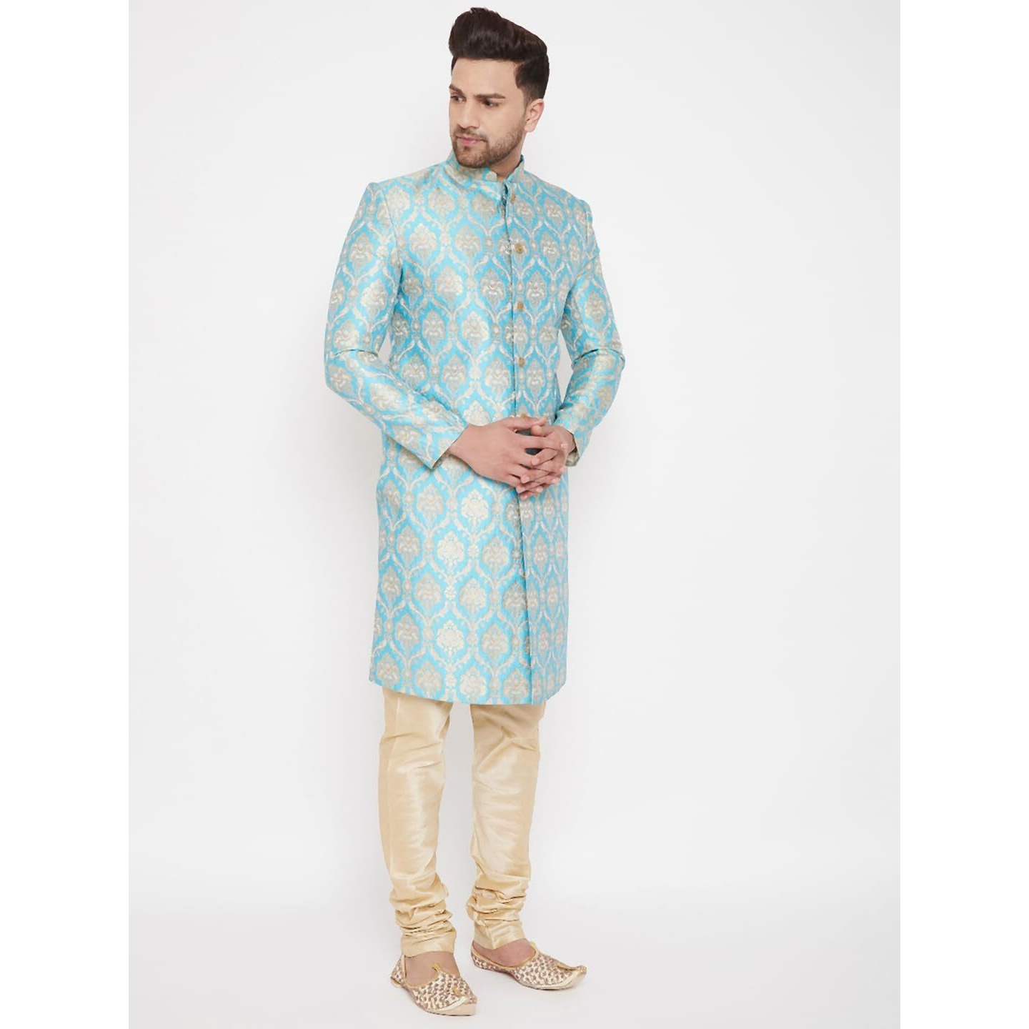 VASTRAMAY Men's Aqua And Gold Silk Blend Sherwani Set - Brocade Sherwani And Pyjama Set