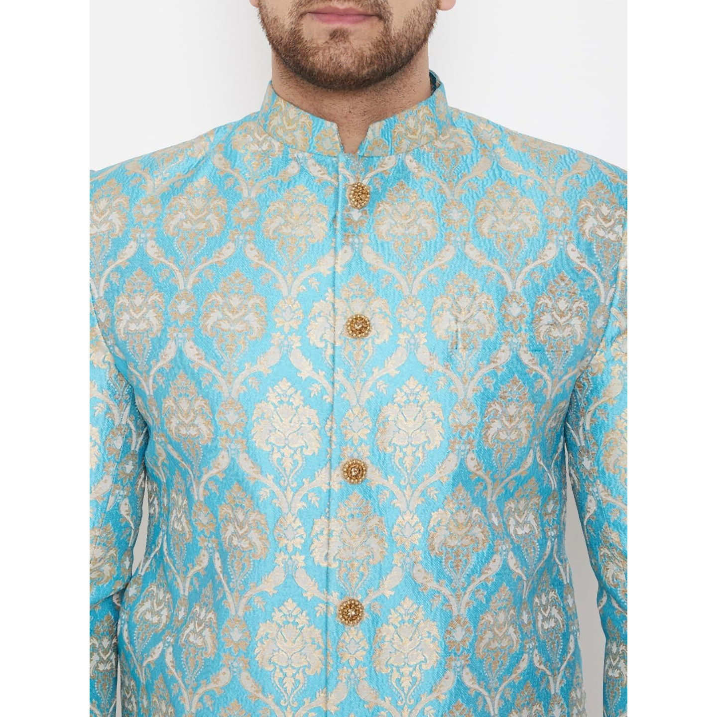 VASTRAMAY Men's Aqua And Gold Silk Blend Sherwani Set - Brocade Sherwani And Pyjama Set