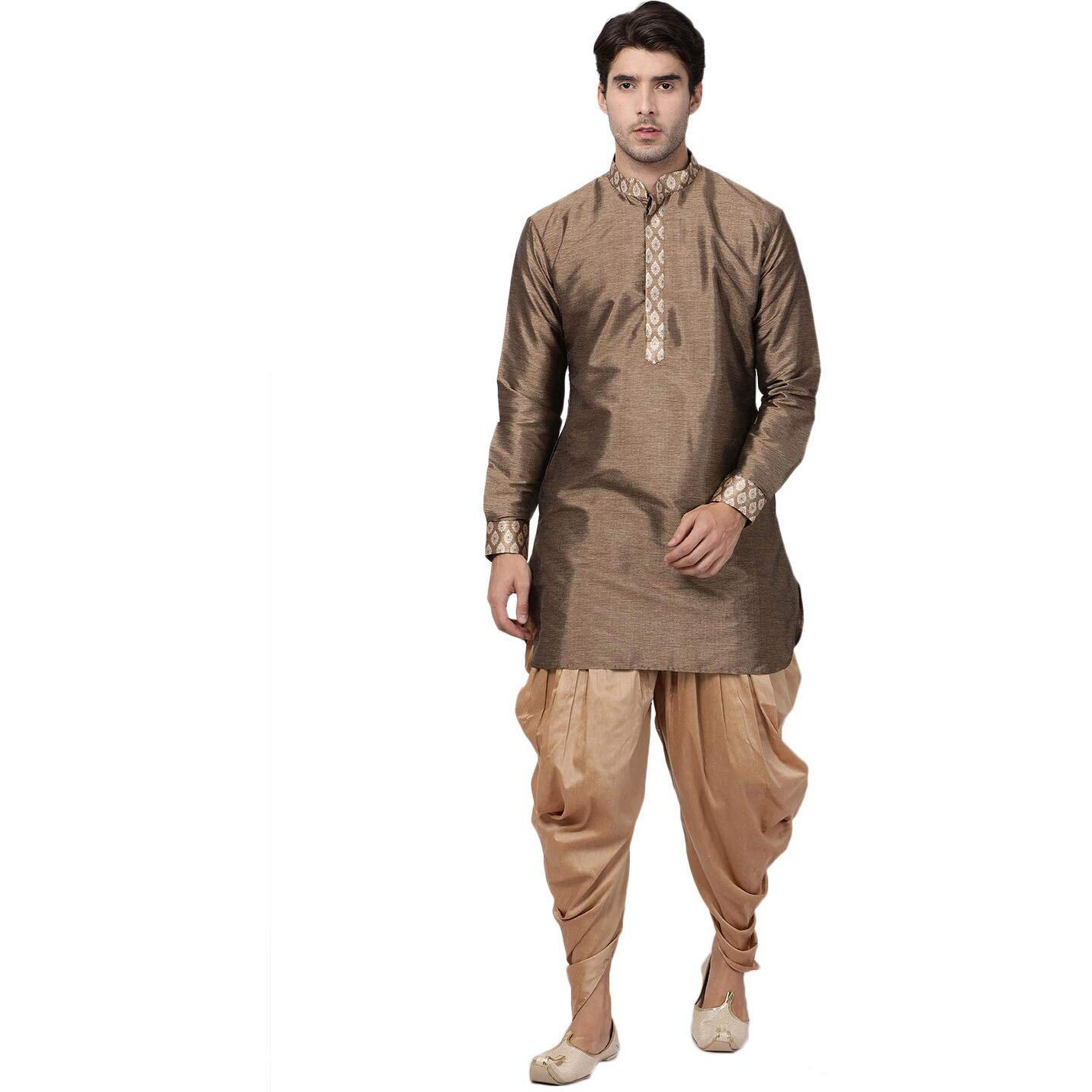 VASTRAMAY Men's Gold Cotton Silk Blend Kurta and Dhoti Pant Set_VASMUK006GOnCDRG_42