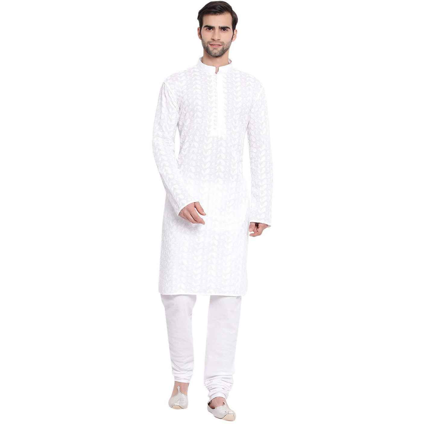 VASTRAMAY Mens Pure Cotton White Kurta Pyjama Set - Classic Ethnic Attire for Timeless Style and Cultural Celebrations | Classic Ensemble Of Lukhnowi Chikankari Embroidered Full Sleeves Kurta
