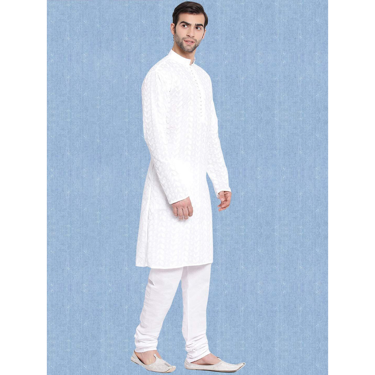 VASTRAMAY Mens Pure Cotton White Kurta Pyjama Set - Classic Ethnic Attire for Timeless Style and Cultural Celebrations | Classic Ensemble Of Lukhnowi Chikankari Embroidered Full Sleeves Kurta
