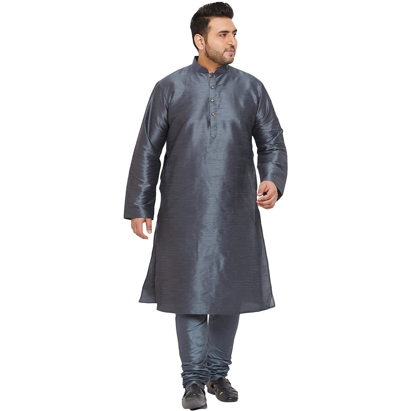 VASTRAMAY Plus Size Men's Silk Blend Kurta Set-New Steel Grey