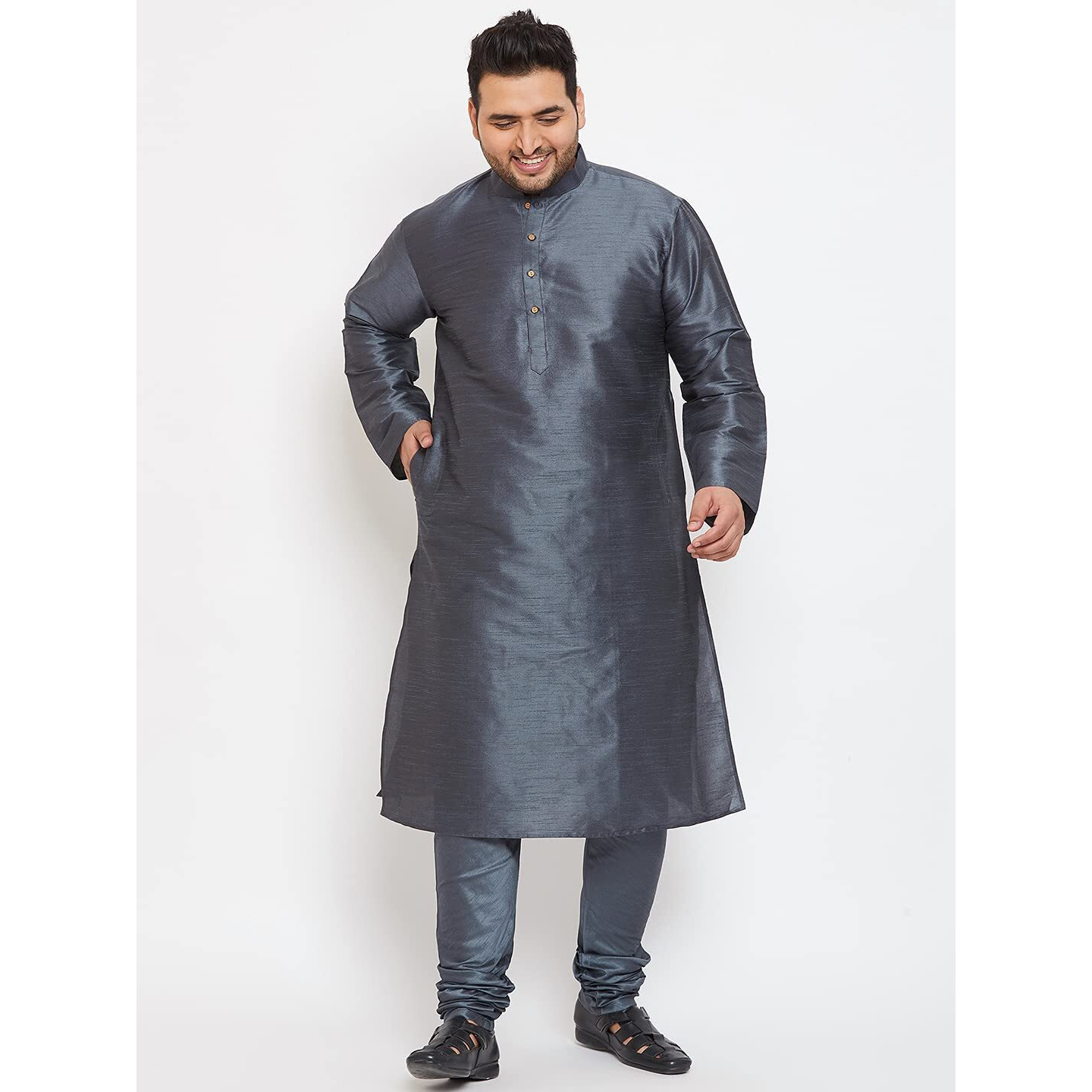 VASTRAMAY Plus Size Men's Silk Blend Kurta Set-New Steel Grey