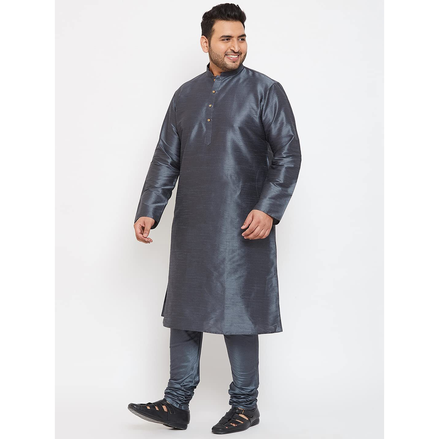 VASTRAMAY Plus Size Men's Silk Blend Kurta Set-New Steel Grey