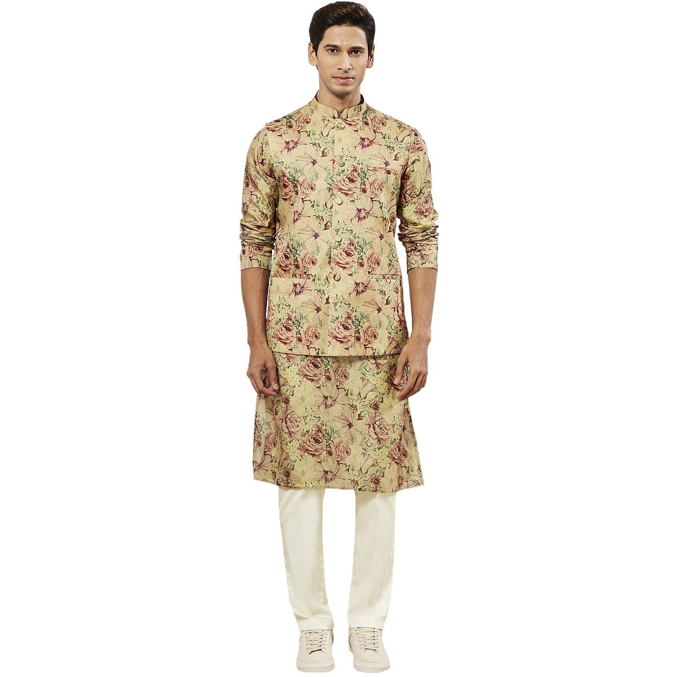 VASTRAMAY Men's Cream And Brown Silk Blend Jacket, Kurta and Pyjama Set_VASMJ159nK159nVPCR_36