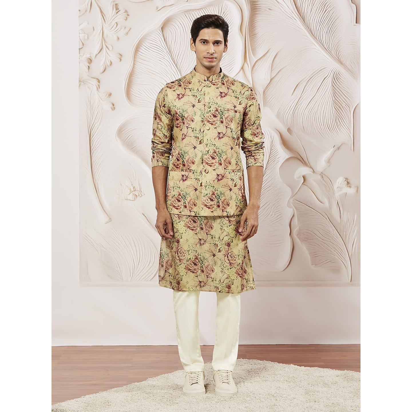 VASTRAMAY Men's Cream And Brown Silk Blend Jacket, Kurta and Pyjama Set_VASMJ159nK159nVPCR_36