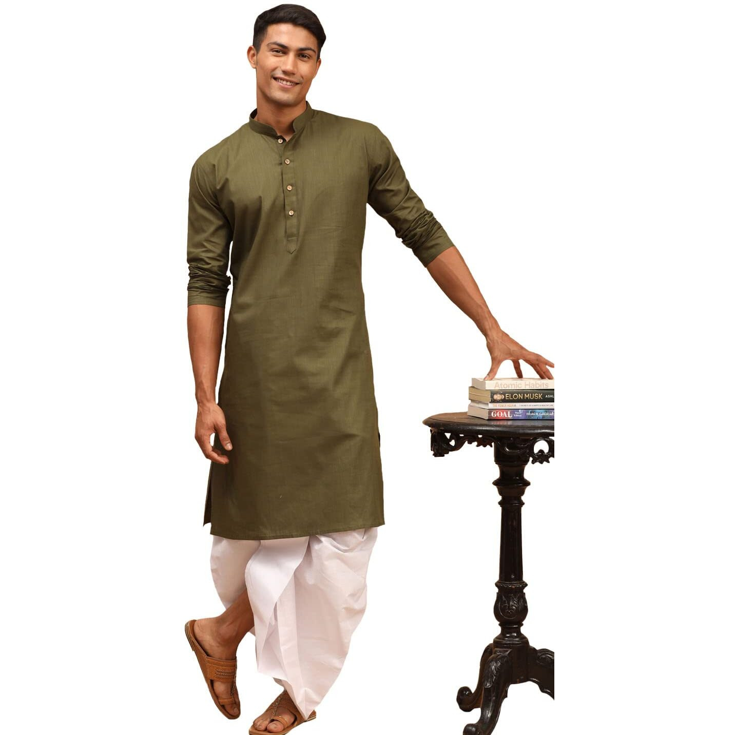 VASTRAMAY Men's Mehandi Green and White Cotton Blend Kurta And Dhoti Set-VASMK007MInDT015WH_36