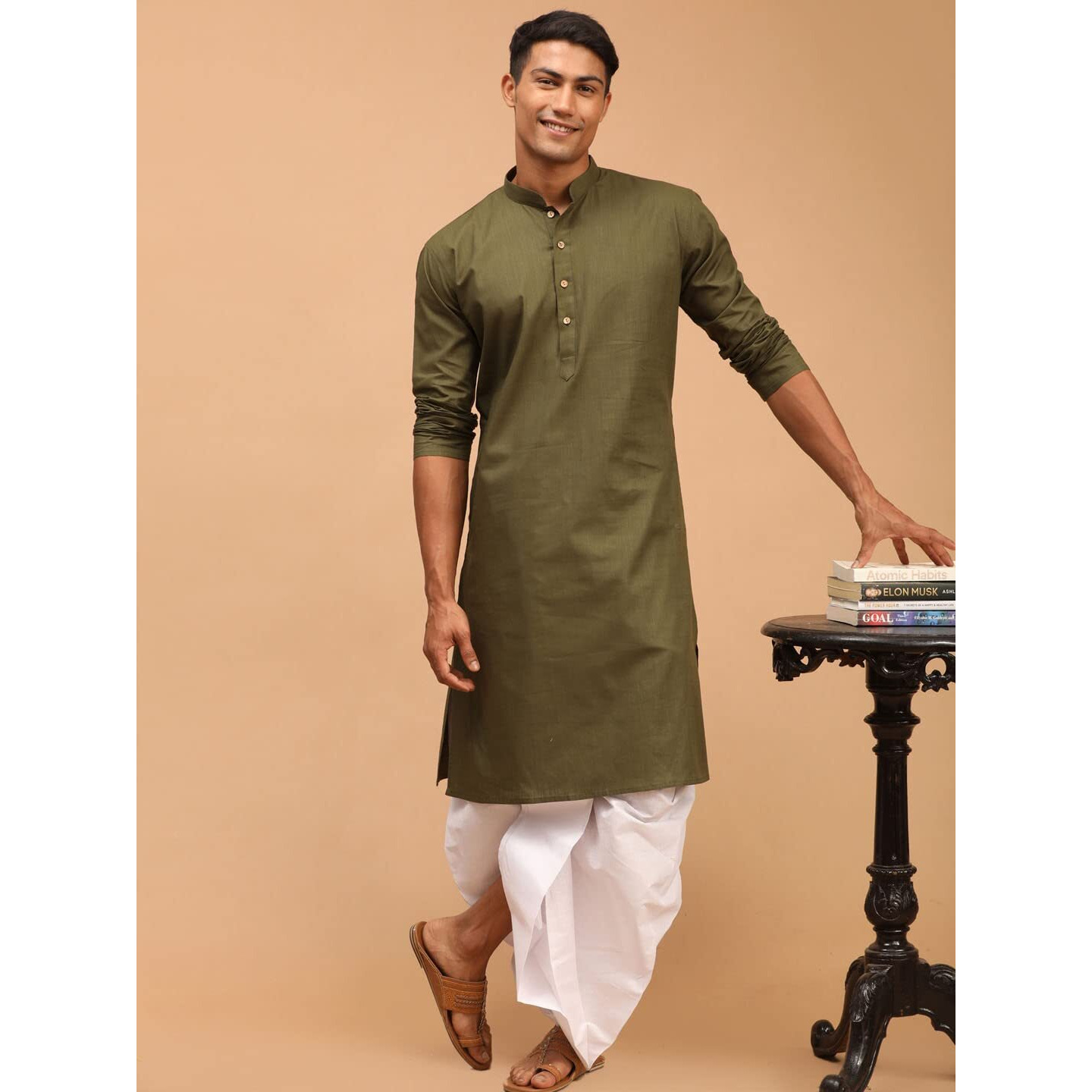 VASTRAMAY Men's Mehandi Green and White Cotton Blend Kurta And Dhoti Set-VASMK007MInDT015WH_36