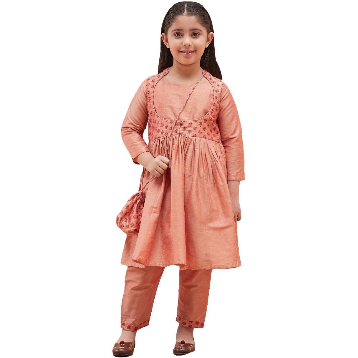VASTRAMAY Girls' Handcrafted Anarkali Suit Set  Knee-Length Kurta with Stand Collar, Straight Pant & Potli Bag