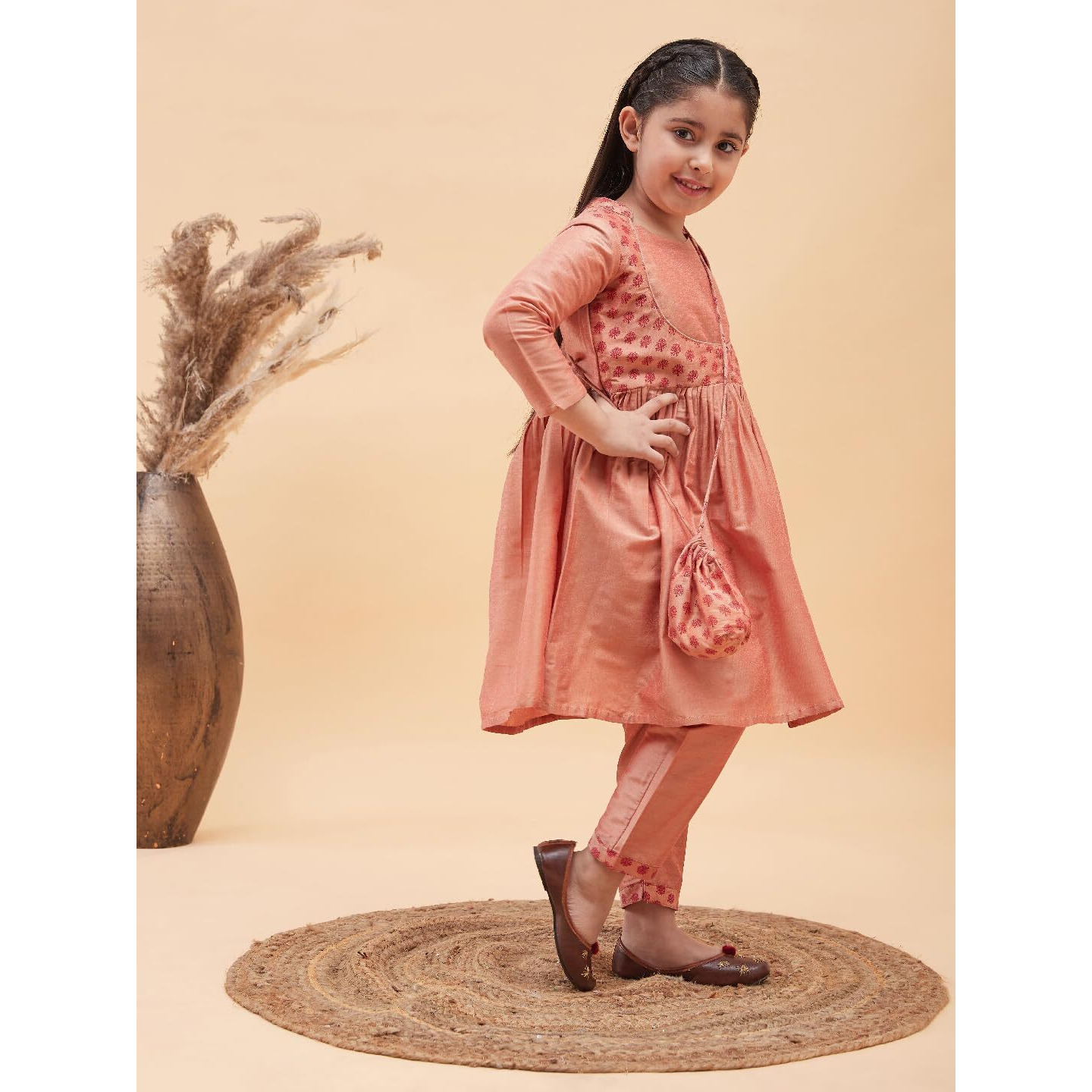 VASTRAMAY Girls' Handcrafted Anarkali Suit Set  Knee-Length Kurta with Stand Collar, Straight Pant & Potli Bag