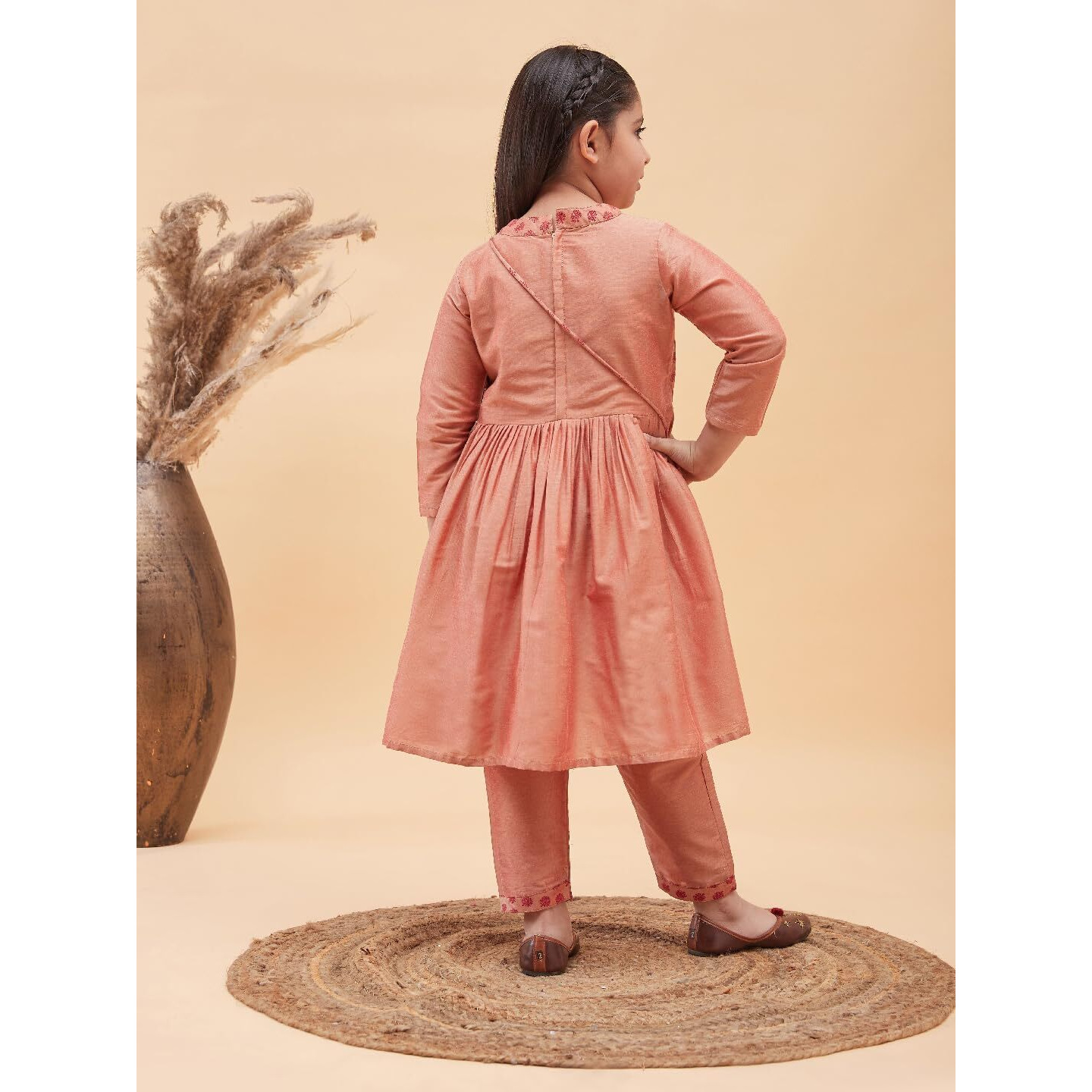 VASTRAMAY Girls' Handcrafted Anarkali Suit Set  Knee-Length Kurta with Stand Collar, Straight Pant & Potli Bag