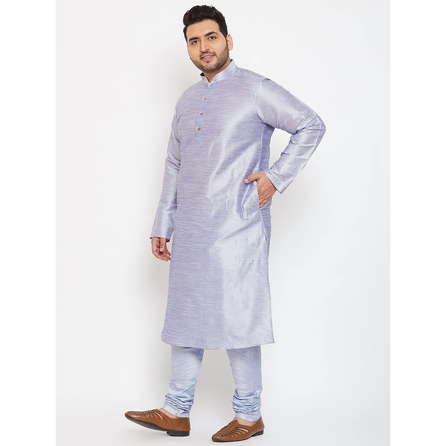 VASTRAMAY Plus Size Men's Silk Blend Kurta Set-New Lavender Blue