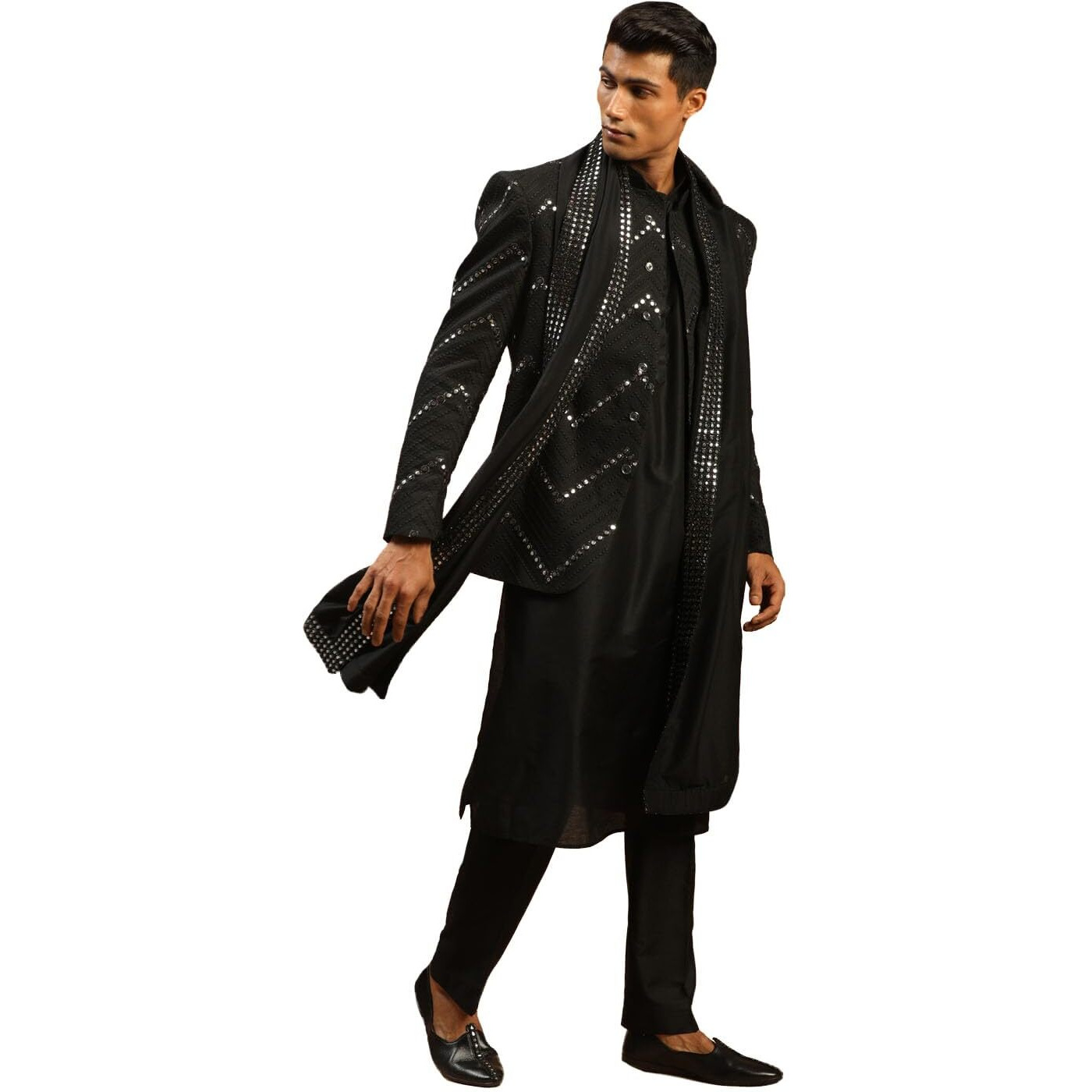VASTRAMAY Men's Black Viscose Ethnic Co-ord Set | Mirror Work Embellished Jodhpuri Coat, Kurta, Pyjama & Dupatta