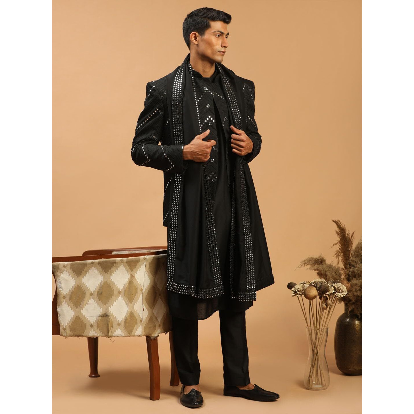 VASTRAMAY Men's Black Viscose Ethnic Co-ord Set | Mirror Work Embellished Jodhpuri Coat, Kurta, Pyjama & Dupatta
